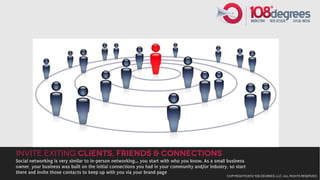 invite exiting clients, friends & connections
Social networking is very similar to in-person networking... you start with who you know. As a small business
owner, your business was built on the initial connections you had in your community and/or industry, so start
there and invite those contacts to keep up with you via your brand page
                                                                                                    copyright©2012 108 degrees, llc. all rights reserved.
 
