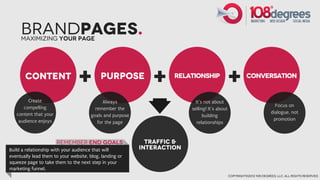BrandPages.
     Maximizing your page




       Content
                                +          Purpose
                                                              +     Relationship
                                                                                           +             conversation


         Create                              Always                        It’s not about
      compelling                                                                                                          Focus on
                                         remember the                    selling! It’s about
   content that your                                                                                                    dialogue, not
                                       goals and purpose                       building
    audience enjoys                                                                                                      promotion
                                          for the page                      relationships



                       Remember End Goals                    Traffic &
Build a relationship with your audience that will          Interaction
eventually lead them to your website, blog, landing or
squeeze page to take them to the next step in your
marketing funnel.
                                                                                               copyright©2012 108 degrees, llc. all rights reserved.
 