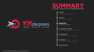 SUMMARY
                                                        A QUICK LOOK INTO THE PRESENTATION

                                                               START
                                                               facebook & Google+


                                                               ABOUT
                                                               facts & strategies


                                                               Profiles
                                                               personal identity


                                                               business pages
                                                               professional identity & strategy


                                                               facebook
                                                               features for small business


                                                               google+
                                                               features for small business


                                                               questions
                                                               Q&a


copyright©2012 108 degrees, llc. all rights reserved.
 