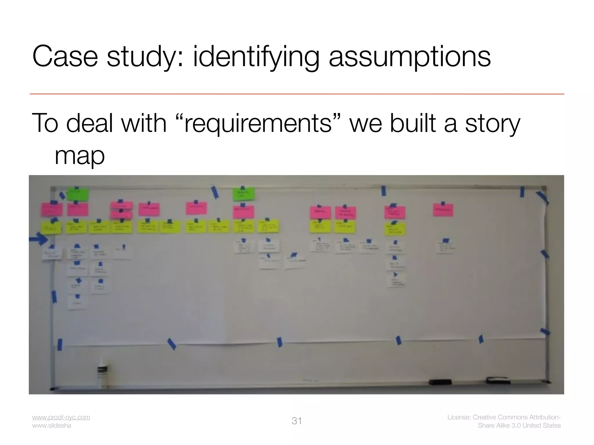 Case study: identifying assumptions

To deal with “requirements” we built a story
  map




www.proof-nyc.com                    License: Creative Commons Attribution-
www.slideshare.net/jseiden
                             31                Share Alike 3.0 United States
 