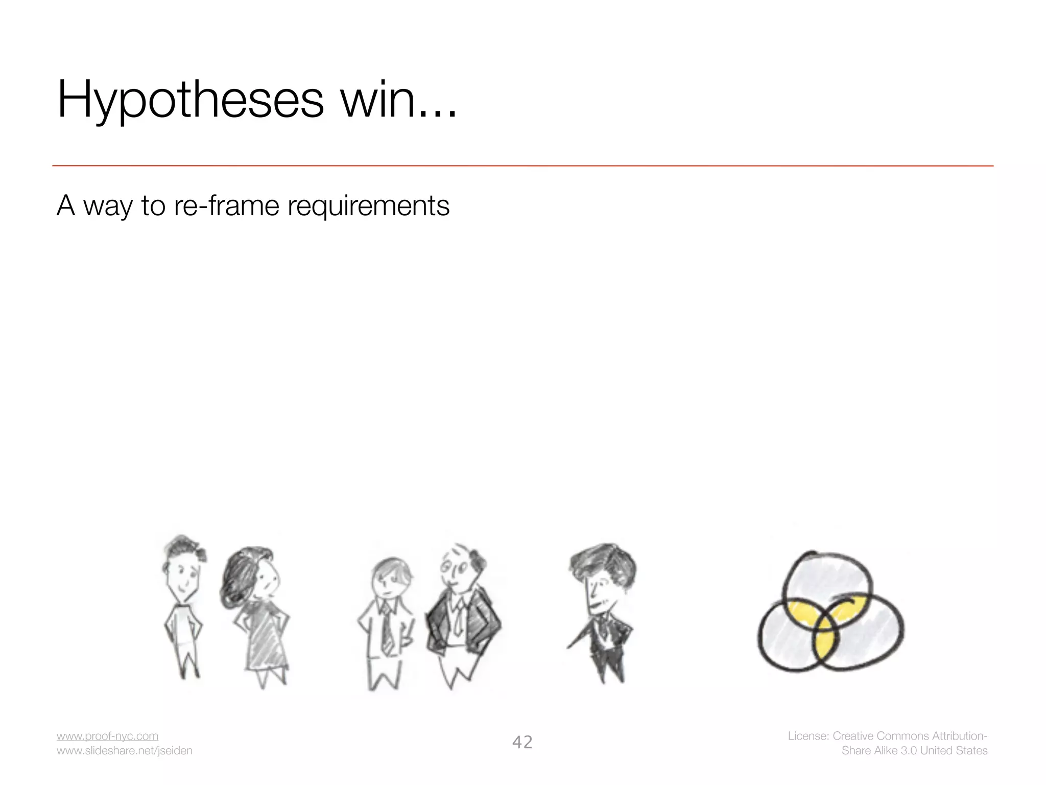 Hypotheses win...
A way to re-frame requirements




www.proof-nyc.com                     License: Creative Commons Attribution-
www.slideshare.net/jseiden
                                 42             Share Alike 3.0 United States
 