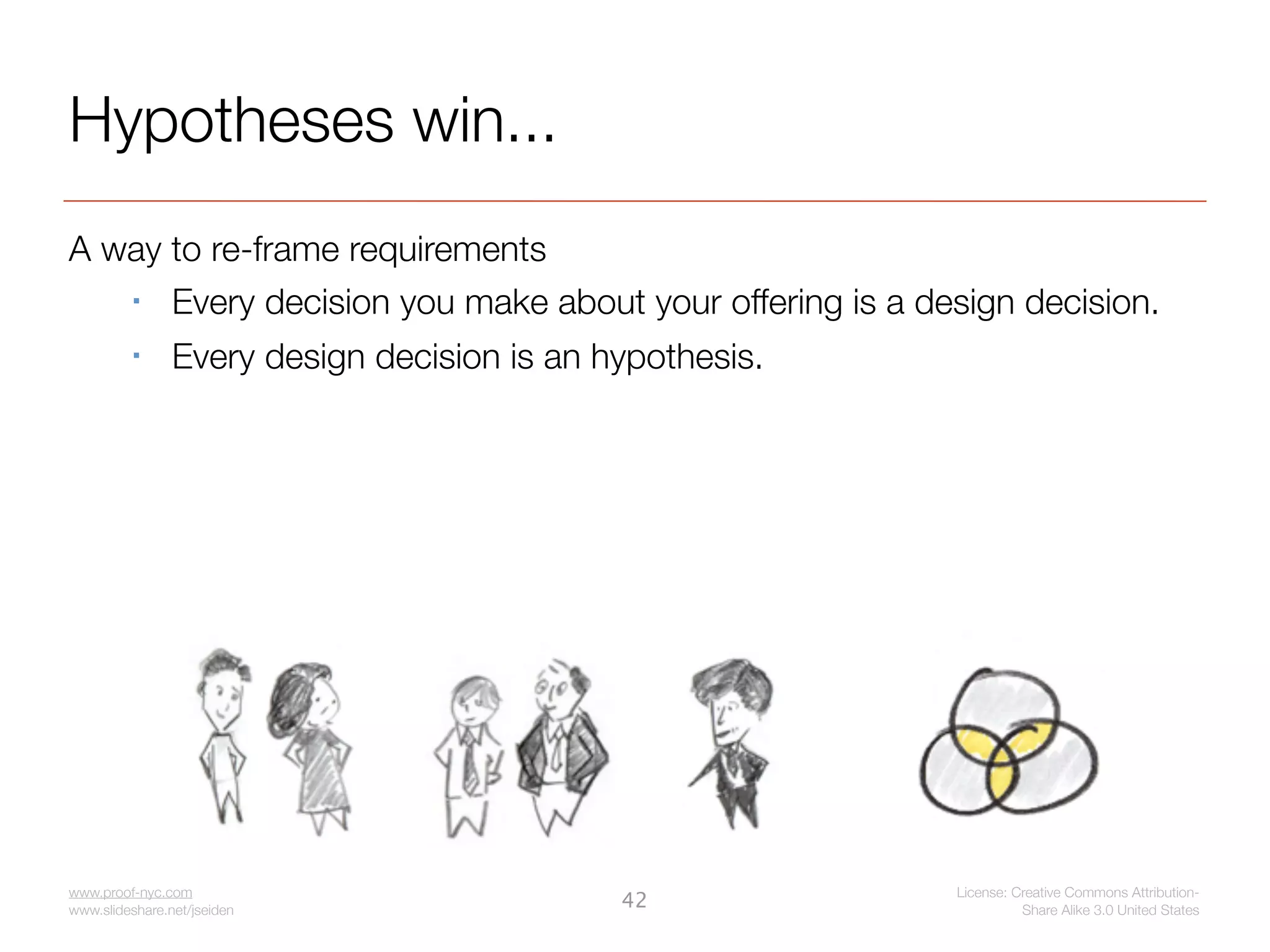 Hypotheses win...
A way to re-frame requirements
     Every decision you make about your offering is a design decision.
               Every design decision is an hypothesis.




www.proof-nyc.com                                         License: Creative Commons Attribution-
www.slideshare.net/jseiden
                                             42                     Share Alike 3.0 United States
 