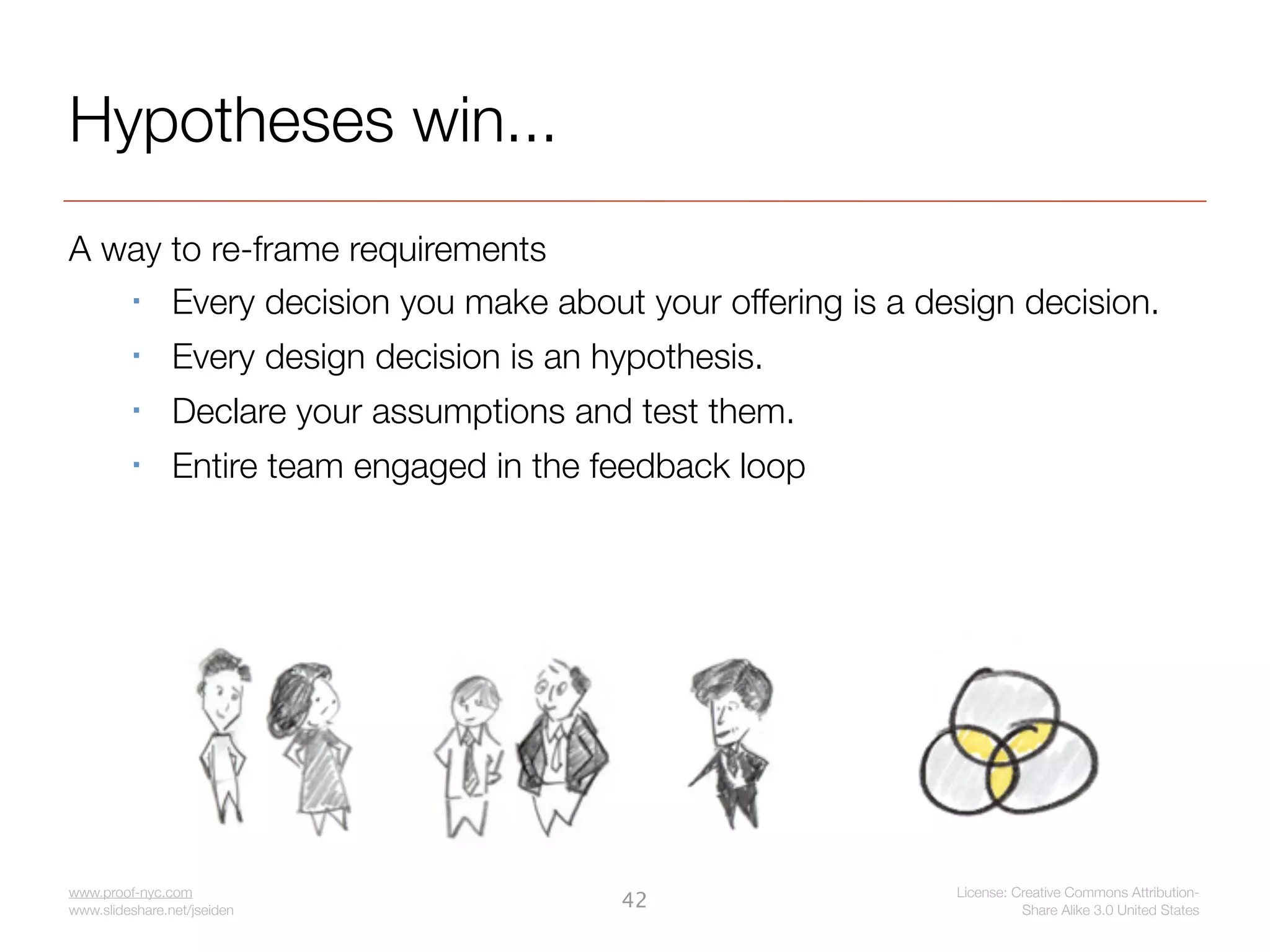 Hypotheses win...
A way to re-frame requirements
     Every decision you make about your offering is a design decision.
               Every design decision is an hypothesis.
               Declare your assumptions and test them.
               Entire team engaged in the feedback loop




www.proof-nyc.com                                          License: Creative Commons Attribution-
www.slideshare.net/jseiden
                                             42                      Share Alike 3.0 United States
 