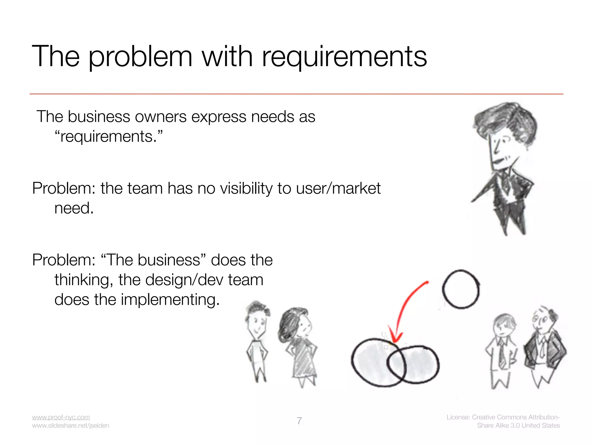 The problem with requirements
 The business owners express needs as
   “requirements.”


Problem: the team has no visibility to user/market
   need.


Problem: “The business” does the
   thinking, the design/dev team
   does the implementing.




www.proof-nyc.com                                    License: Creative Commons Attribution-
www.slideshare.net/jseiden
                                     7                         Share Alike 3.0 United States
 