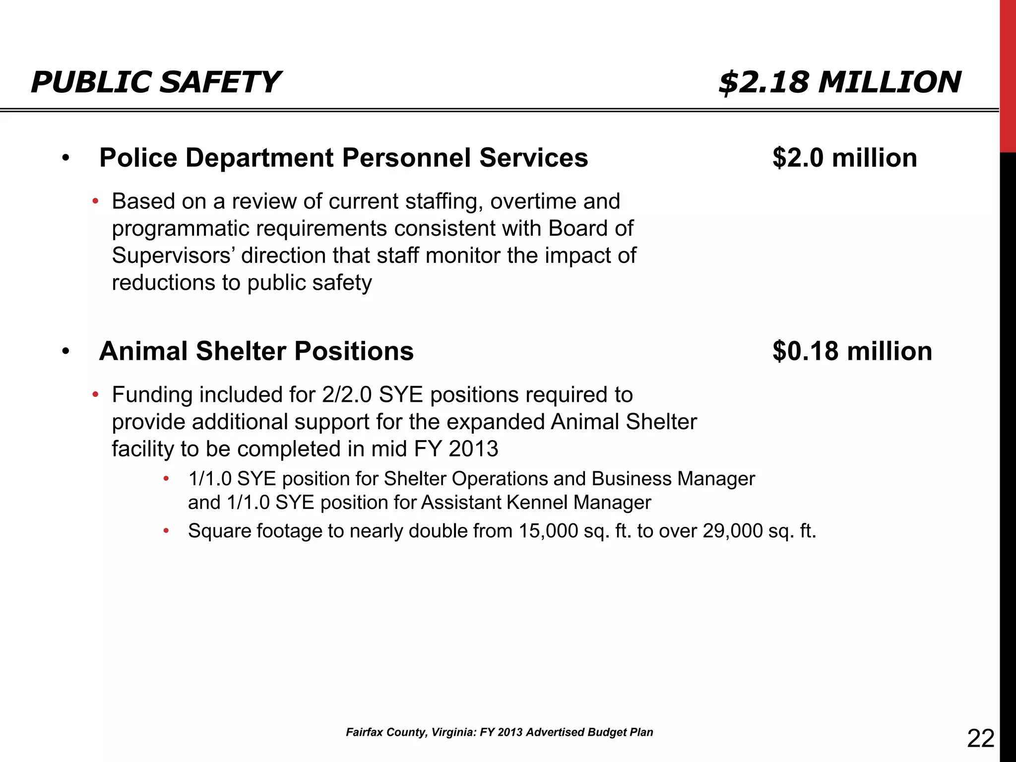 PUBLIC SAFETY                                                                               $2.18 MILLION

 •   Police Department Personnel Services                                                     $2.0 million
     • Based on a review of current staffing, overtime and
       programmatic requirements consistent with Board of
       Supervisors’ direction that staff monitor the impact of
       reductions to public safety


 •   Animal Shelter Positions                                                                 $0.18 million
     • Funding included for 2/2.0 SYE positions required to
       provide additional support for the expanded Animal Shelter
       facility to be completed in mid FY 2013
            • 1/1.0 SYE position for Shelter Operations and Business Manager
              and 1/1.0 SYE position for Assistant Kennel Manager
            • Square footage to nearly double from 15,000 sq. ft. to over 29,000 sq. ft.




                                 Fairfax County, Virginia: FY 2013 Advertised Budget Plan
                                                                                                              22
 