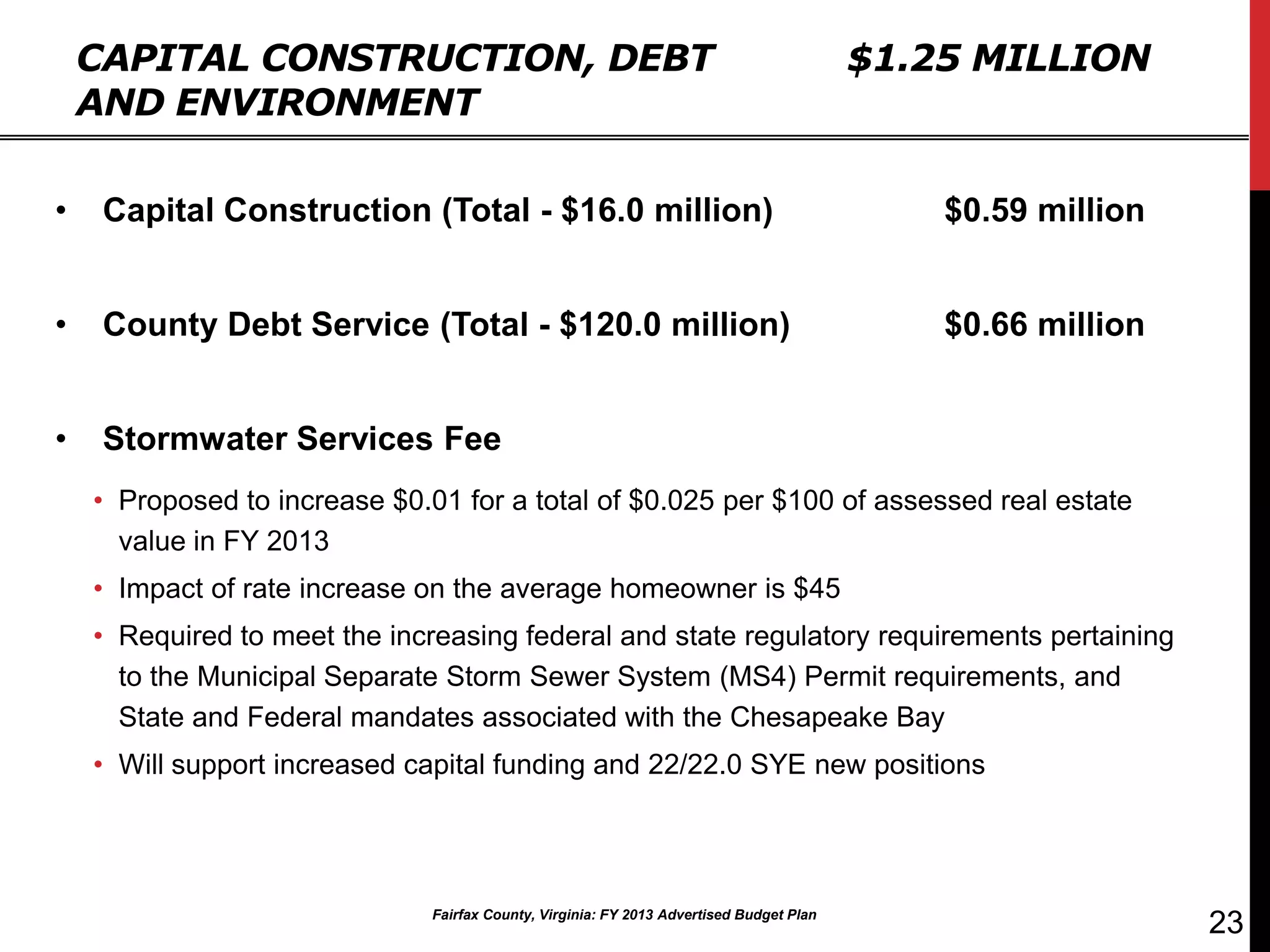 CAPITAL CONSTRUCTION, DEBT                                                            $1.25 MILLION
    AND ENVIRONMENT

•    Capital Construction (Total - $16.0 million)                                             $0.59 million


•    County Debt Service (Total - $120.0 million)                                             $0.66 million


•    Stormwater Services Fee
    • Proposed to increase $0.01 for a total of $0.025 per $100 of assessed real estate
      value in FY 2013
    • Impact of rate increase on the average homeowner is $45
    • Required to meet the increasing federal and state regulatory requirements pertaining
      to the Municipal Separate Storm Sewer System (MS4) Permit requirements, and
      State and Federal mandates associated with the Chesapeake Bay
    • Will support increased capital funding and 22/22.0 SYE new positions




                               Fairfax County, Virginia: FY 2013 Advertised Budget Plan
                                                                                                              23
 