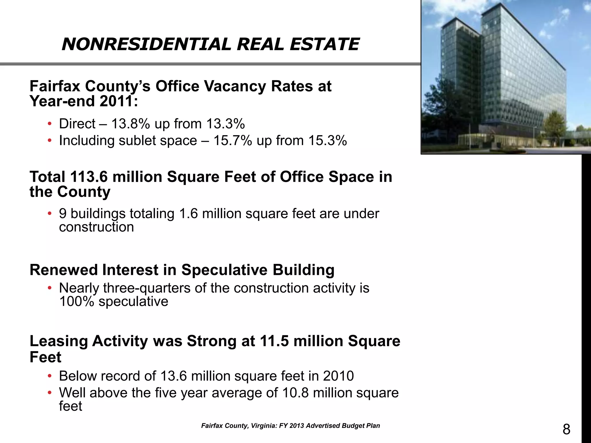 NONRESIDENTIAL REAL ESTATE

Fairfax County’s Office Vacancy Rates at
Year-end 2011:
  • Direct – 13.8% up from 13.3%
  • Including sublet space – 15.7% up from 15.3%

Total 113.6 million Square Feet of Office Space in
the County
  • 9 buildings totaling 1.6 million square feet are under
    construction


Renewed Interest in Speculative Building
  • Nearly three-quarters of the construction activity is
    100% speculative

Leasing Activity was Strong at 11.5 million Square
Feet
  • Below record of 13.6 million square feet in 2010
  • Well above the five year average of 10.8 million square
    feet
                            Fairfax County, Virginia: FY 2013 Advertised Budget Plan
                                                                                       8
 
