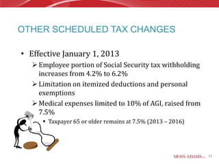 OTHER SCHEDULED TAX CHANGES

• Effective January 1, 2013
    Employee portion of Social Security tax withholding
     increases from 4.2% to 6.2%
    Limitation on itemized deductions and personal
     exemptions
    Medical expenses limited to 10% of AGI, raised from
     7.5%
       Taxpayer 65 or older remains at 7.5% (2013 – 2016)




                                                             11
 