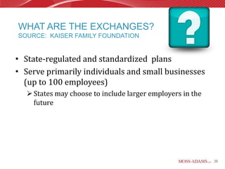 WHAT ARE THE EXCHANGES?
SOURCE: KAISER FAMILY FOUNDATION


• State-regulated and standardized plans
• Serve primarily individuals and small businesses
  (up to 100 employees)
   States may choose to include larger employers in the
    future




                                                           36
 