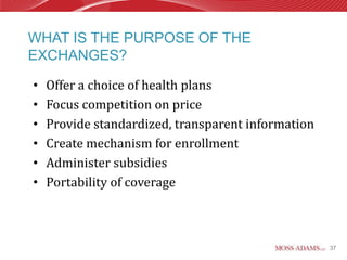 WHAT IS THE PURPOSE OF THE
EXCHANGES?

•   Offer a choice of health plans
•   Focus competition on price
•   Provide standardized, transparent information
•   Create mechanism for enrollment
•   Administer subsidies
•   Portability of coverage



                                                    37
 