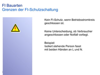 FI Bauarten
Grenzen der FI-Schutzschaltung
Kein FI-Schutz, wenn Betriebsstromkreis
geschlossen ist.
Keine Unterscheidung, ob Verbraucher
angeschlossen oder Notfall vorliegt.
Beispiel:
Isoliert stehende Person fasst
mit beiden Händen an L und N.

© ABB Group
Month DD, Year

| Slide 47

 