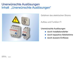 Unerwünschte Auslösungen
Inhalt „Unerwünschte Auslösungen“
Gefahren des elektrischen Stroms
Aufbau und Funktion FI
Unerwünschte Auslösungen



| Slide 48

durch kapazitive Ableitströme



© ABB Group
Month DD, Year

durch Installationsfehler

durch äussere Einflüsse

 