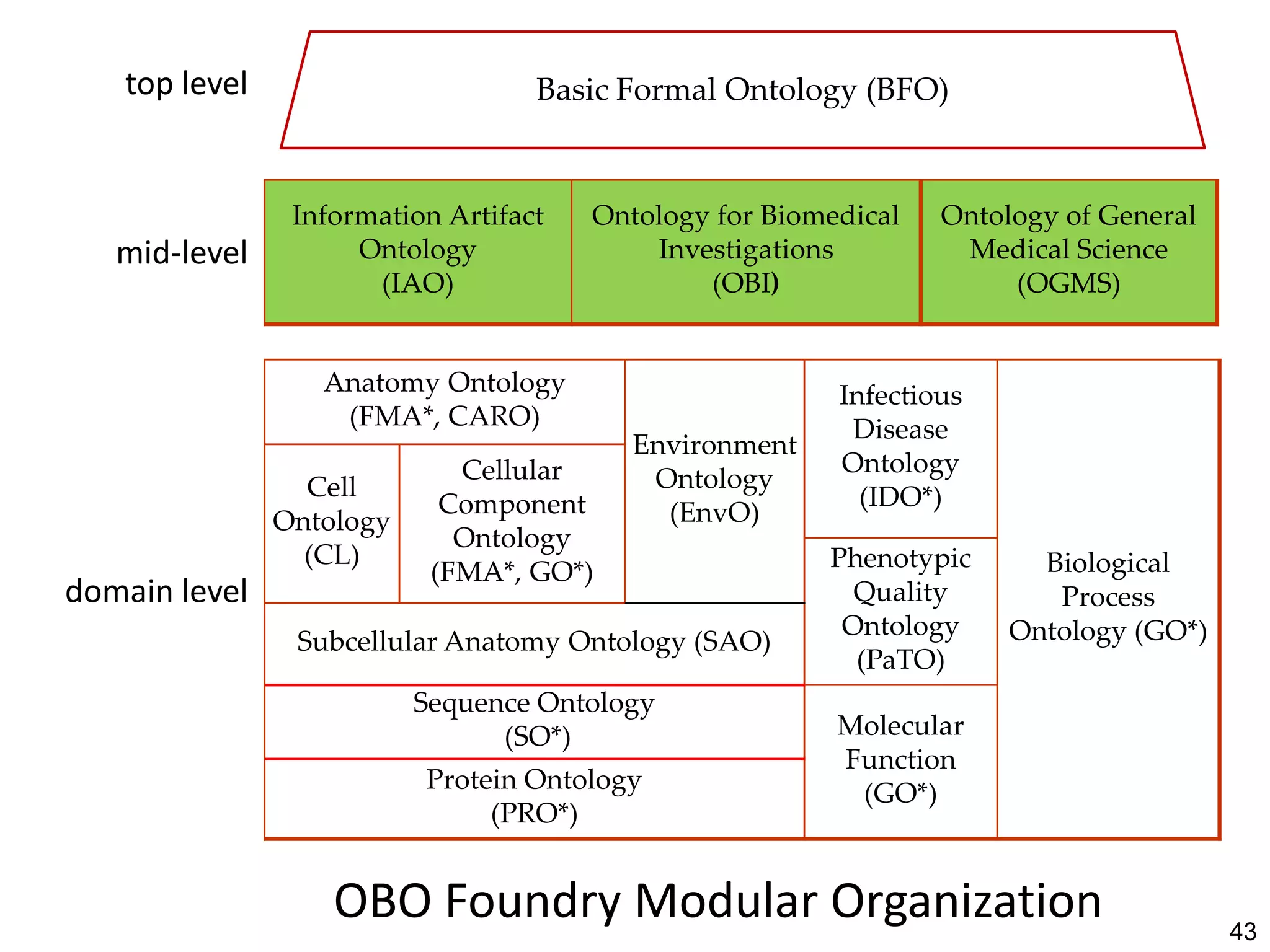 top level                       Basic Formal Ontology (BFO)


                Information Artifact   Ontology for Biomedical   Ontology of General
   mid-level         Ontology              Investigations         Medical Science
                      (IAO)                    (OBI)                  (OGMS)


                  Anatomy Ontology                       Infectious
                   (FMA*, CARO)                           Disease
                                          Environment
                             Cellular                    Ontology
                 Cell                      Ontology
                            Component                      (IDO*)
               Ontology                     (EnvO)
                             Ontology
                 (CL)                                   Phenotypic      Biological
                           (FMA*, GO*)
domain level                                              Quality        Process
                                                         Ontology     Ontology (GO*)
                Subcellular Anatomy Ontology (SAO)
                                                          (PaTO)
                          Sequence Ontology
                                (SO*)                    Molecular
                                                         Function
                          Protein Ontology                (GO*)
                               (PRO*)


                   OBO Foundry Modular Organization                                    43
 