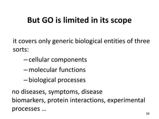But GO is limited in its scope

it covers only generic biological entities of three
sorts:
     – cellular components
    ...