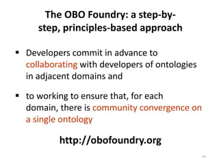 The OBO Foundry: a step-by-
     step, principles-based approach

 Developers commit in advance to
  collaborating with d...