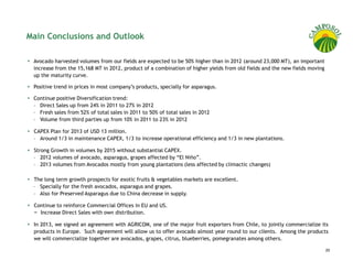 Main Conclusions and Outlook

 Avocado harvested volumes from our fields are expected to be 50% higher than in 2012 (around 23,000 MT), an important
 increase from the 15,168 MT in 2012, product of a combination of higher yields from old fields and the new fields moving
 up the maturity curve.

 Positive trend in prices in most company’s products, specially for asparagus.

 Continue positive Diversification trend:
 – Direct Sales up from 24% in 2011 to 27% in 2012
 – Fresh sales from 52% of total sales in 2011 to 50% of total sales in 2012
 – Volume from third parties up from 10% in 2011 to 23% in 2012

 CAPEX Plan for 2013 of USD 13 million.
 – Around 1/3 in maintenance CAPEX, 1/3 to increase operational efficiency and 1/3 in new plantations.

 Strong Growth in volumes by 2015 without substantial CAPEX.
 – 2012 volumes of avocado, asparagus, grapes affected by “El Niño”.
 – 2013 volumes from Avocados mostly from young plantations (less affected by climactic changes)

 The long term growth prospects for exotic fruits & vegetables markets are excellent.
 – Specially for the fresh avocados, asparagus and grapes.
 – Also for Preserved Asparagus due to China decrease in supply.

 Continue to reinforce Commercial Offices in EU and US.
 − Increase Direct Sales with own distribution.

 In 2013, we signed an agreement with AGRICOM, one of the major fruit exporters from Chile, to jointly commercialize its
 products in Europe. Such agreement will allow us to offer avocado almost year round to our clients. Among the products
 we will commercialize together are avocados, grapes, citrus, blueberries, pomegranates among others.

                                                                                                                            23
 