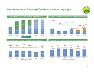 Volume Harvested & Average Yield of avocado and asparagus


          Avocado: Planted Area (Has) & Average Age of Plantation (Years)          Avocado: Total Volume Harvested (000 Tm) & Average Yield (MT/Ha)

                                                                           128
                                                                  357      229             26.4
                                                                                                                                      22.1
                                                    993                                                        16.2
                                                                  763      763                       13.9
                                                                                                                                                                  13.4
                                  1,665
                      1,462                                                                                                                          10.6   7.4
                                                                                                                                3.9           4.6
                                                    671           671      671
           382
                                                                                                                                 3                           12
           825         825        825               825           825      825
                                                                                     22                                                        6
                                                                                                                                 18
                                                                                                    11       13                                               11
                                                                                                                                               9

           2008       2009        2010              2011          2012    2013E     2008          2009      2010               2011           2012          2013E
                                 Production    Expansion                                                       Old Fields   New Fields



          Asparagus volume harvested vs. hectares productive phase                 Asparagus: Total Volume Harvested (000 Tm) & Average Yield (MT/Ha)



                                 2,634                                                                      12.4              12.4
60,000    2,634       2,634                        2,633                                          12.2
                                                                 2,516    2,516    10.0                                                       10.2          12.3
50,000
40,000
30,000
                                                                                    30             35        33                 33                           31
20,000               34,828                                                                                                                    26
          29,855                 32,803            32,637                 31,075
                                                                 25,738
10,000
    0
           2008       2009        2010              2011          2012    2013E     2008          2009      2010               2011           2012          2013E
                                      Tot al Tns           Has                                              Old Fields        Average Yield




                                                                                                                                                                         24
 