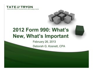 2012 Form 990: What’s
New, What’s Important
       February 26, 2013
       Deborah G. Kosnett, CPA
 
