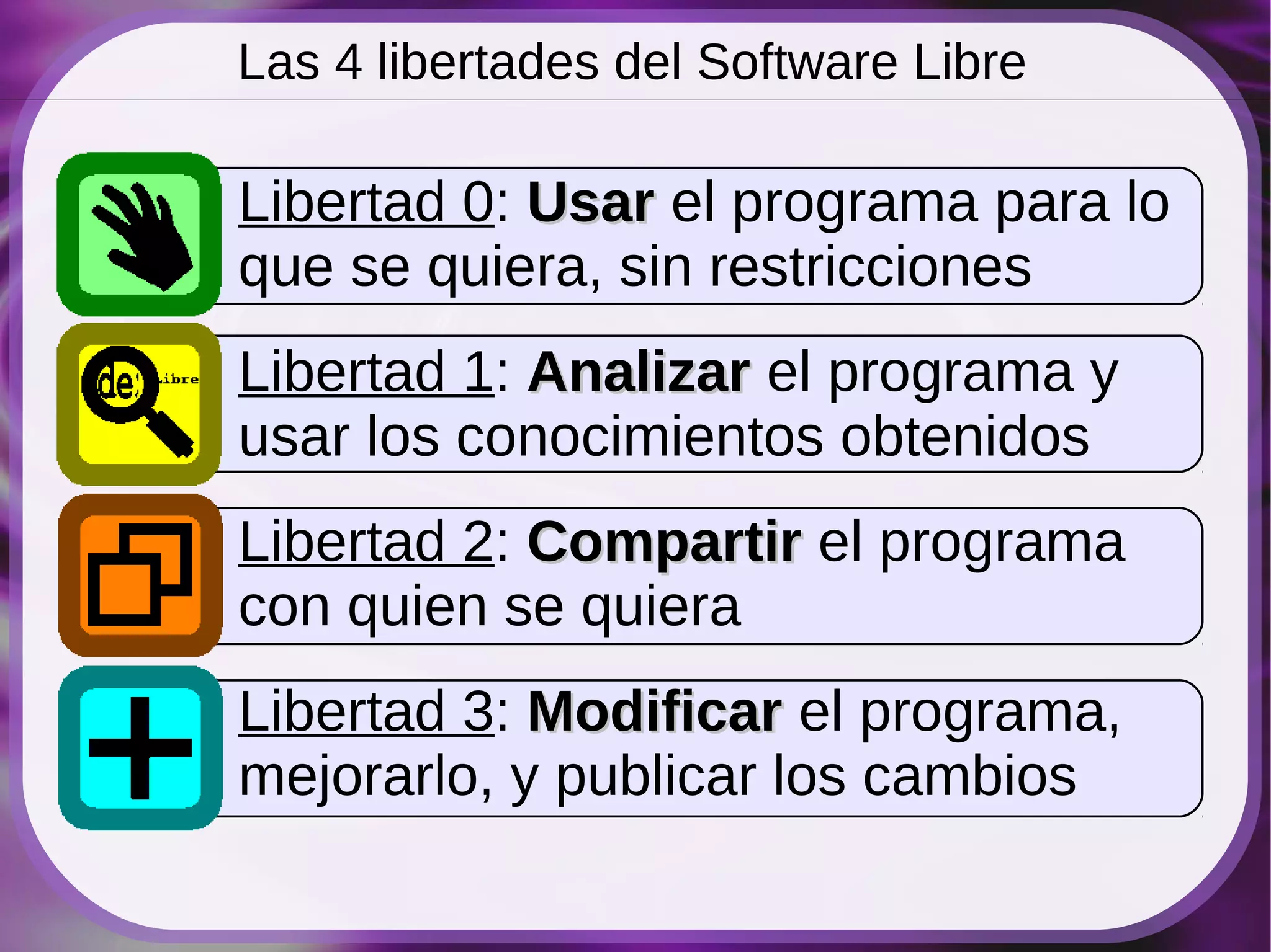 Las 4 libertades del Software Libre

Libertad 0: Usar el programa para lo
que se quiera, sin restricciones
Libertad 1: Analizar el programa y
usar los conocimientos obtenidos
Libertad 2: Compartir el programa
con quien se quiera
Libertad 3: Modificar el programa,
mejorarlo, y publicar los cambios
 
