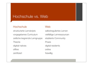 Hochschule vs. Web

Hochschule                       Web
strukturierte Lernskripts        selbstreguliertes Lernen
vorgegebenes Curriculum          vielfältige Lernressourcen
zeitliche begrenzte Lerngruppe   etablierte Community
Theorie                          Praxis
digitial natives                 digital residents
ofﬂine                           online
zertiﬁziert                      freiwillig
 