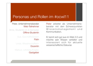 Personas und Rollen im #ocwl11
  Peter, Unternehmensberater     Peter arbeitet als Unternehmens-
              Web-Teilnehmer     berater mit den Schwerpunkten
Anne, Studentin im 8 Semester    Wissensmanagement und
             Ofﬂine-Studentin    Kommunikation.

       Sue, Geschäftsführerin    Er kennt sich gut aus im Web 2.0 und
                       Patin     möchte sein Wissen vertiefen und
                                 interessiert sich für aktuelle
      Linda, Wissenschaftlerin
                                 wissenschaftliche Diskurse
                    Dozentin
     Markus, Lehrbeauftragter
                  Gastgeber
 