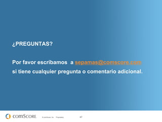 ¿PREGUNTAS?


Por favor escríbamos a sepamas@comscore.com
si tiene cualquier pregunta o comentario adicional.




           © comScore, Inc.   Proprietary.   47
 