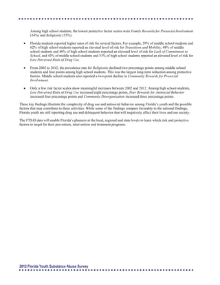Among high school students, the lowest protective factor scores were Family Rewards for Prosocial Involvement
(54%) and Religiosity (55%).
	 Florida students reported higher rates of risk for several factors. For example, 59% of middle school students and
62% of high school students reported an elevated level of risk for Transitions and Mobility, 48% of middle
school students and 46% of high school students reported an elevated level of risk for Lack of Commitment to
School, and 43% of middle school students and 53% of high school students reported an elevated level of risk for
Low Perceived Risks of Drug Use.
	 From 2002 to 2012, the prevalence rate for Religiosity declined two percentage points among middle school
students and four points among high school students. This was the largest long-term reduction among protective
factors. Middle school students also reported a two-point decline in Community Rewards for Prosocial
Involvement.
	 Only a few risk factor scales show meaningful increases between 2002 and 2012. Among high school students,
Low Perceived Risks of Drug Use increased eight percentage points, Peer Rewards for Antisocial Behavior
increased four percentage points and Community Disorganization increased three percentage points.
These key findings illustrate the complexity of drug use and antisocial behavior among Florida’s youth and the possible
factors that may contribute to these activities. While some of the findings compare favorably to the national findings,
Florida youth are still reporting drug use and delinquent behavior that will negatively affect their lives and our society.
The FYSAS data will enable Florida’s planners at the local, regional and state levels to learn which risk and protective
factors to target for their prevention, intervention and treatment programs.
2012 Florida Youth Substance Abuse Survey
 