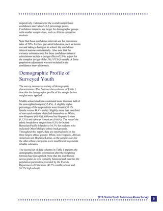 respectively. Estimates for the overall sample have
confidence intervals of ±0.5 percentage points.
Confidence intervals are larger for demographic groups
with smaller sample sizes, such as African American
students.
Note that these confidence intervals are for prevalence
rates of 50%. For less prevalent behaviors, such as heroin
use and taking a handgun to school, the confidence
interval narrows substantially. Also note that the
variance estimates used for these confidence interval
calculations include a design effect of 2.0 to adjust for
the complex design of the 2011 FYSAS sample. A finite
population adjustment was not included in the
confidence interval formula.
Demographic Profile of
Surveyed Youth
The survey measures a variety of demographic
characteristics. The first two data columns of Table 1
describe the demographic profile of the sample before
weights were applied.
Middle school students constituted more than one half of
the unweighted sample (52.4%). A slightly higher
percentage of the respondents were female (50.1%
female versus 48.4% male). Slightly more than one third
of surveyed students identified themselves as White,
non-Hispanic (48.4%), followed by Hispanic/Latino
(15.3%) and African American (14.6%). The rest of the
ethnic breakdown ranges from 0.3% for Native
Hawaiian/Pacific Islander to 16.3% for students who
indicated Other/Multiple ethnic backgrounds.
Throughout this report, data are reported only on the
three largest ethnic groups: White, non-Hispanic, African
American and Hispanic/Latino, as the sample sizes for
the other ethnic categories were insufficient to generate
reliable estimates.
The second set of data columns in Table 1 presents the
demographic profile information after the weighting
formula has been applied. Note that the distribution
across grades is now correctly balanced and matches the
population parameters provided by the Florida
Department of Education (43.5% middle school and
56.5% high school).
2012 Florida Youth Substance Abuse Survey 5
 