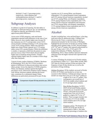 declined 1.3 and 1.2 percentage points,
respectively, while inhalants and
methamphetamines declined 1.1 and 0.4
percentage points, respectively.
Subgroup Analyses
In addition to grade-level reporting, the data tables in
Appendix A report prevalence by age, sex and ethnicity.
As might be expected, age differences closely
approximate grade differences.
Across most ATOD categories, male and female
respondents reported small differences in the rates of use.
Males, however, have notably higher rates for past-30­
day marijuana use (14.1% among males versus 10.6%
among females) and binge drinking (11.9% among males
versus 10.6% among females). Males also reported a
higher rate of past-30-day cigarette use (7.1% among
males versus 6.0% among females). While this difference
is modest, it represents a shift from the pattern in some
previous waves of the FYSAS which showed slightly
higher rates of smoking among females. Females
reported slightly higher rates for a number of illicit drugs
other than marijuana.
Typical of many studies (Johnston, O’Malley, Bachman
& Schulenberg, 2012), the 2012 FYSAS revealed a
pattern of differences in drug use prevalence rates across
ethnic groups. Across the majority of ATOD categories,
White, non-Hispanic students reported the highest
prevalence of use, followed by Hispanic/Latino students,
with African American students reporting the lowest
rates, sometimes by a substantial margin. Ethnic
differences are particularly pronounced for past-30-day
Graph
5
cigarette use (9.1% among White, non-Hispanic
respondents, 5.2% among Hispanic/Latino respondents
and 2.9% among African American respondents), alcohol
use (27.6% among White, non-Hispanic respondents,
25.5% among Hispanic/Latino respondents and 17.4%
among African American respondents) and marijuana
use (13.8% among White, non-Hispanic respondents,
11.3% among Hispanic/Latino respondents and 10.1%
among African American respondents).
Alcohol
Alcohol, including beer, wine and hard liquor, is the drug
used most often by adolescents today. Findings from
Monitoring the Future, a national drug use survey
administered annually by the University of Michigan,
highlight the pervasiveness of alcohol use among middle
and high school students today. In 2012, the percentages
of 8th
, 10th
and 12th
graders who reported using alcohol in
the past 30 days were 11.0%, 27.6% and 41.5%,
respectively (Johnston, O’Malley, Bachman &
Schulenberg, 2013). These numbers represent substantial
reductions from the higher national rates reported in the
late 1990s.
A variety of findings for alcohol use by Florida students
are presented in Tables 5 to 7. These tables include 2002­
2012 data for lifetime and past-30-day prevalence, the
frequency of past-30-day alcohol use, as well as the
prevalence of binge drinking.
Lifetime Prevalence. Of the students surveyed in Florida
in 2012, 47.3% have used alcohol on at least one
occasion in their lifetimes. Lifetime prevalence rates for
alcohol use range from a low of 17.4% for 6th
graders to
a high of 70.1% for 12th
graders. This
corresponds to an overall rate of
28.9% for middle school students and
61.3% for high school students.
Past-30-Day Prevalence. In 2012,
24.6% of surveyed Florida students
reported the use of alcohol in the past
30 days, with grade-level results
ranging from a low of 6.5% for 6th
graders to a high of 42.7% for 12th
graders. These averages translate into
overall rates of 12.3% for middle
school students and 33.9% for high
school students.
Frequency of Use. The frequency of
alcohol use in the past 30 days is
summarized in Table 6. This table
shows the percentage of students who
2012 Florida Youth Substance Abuse Survey 11
 