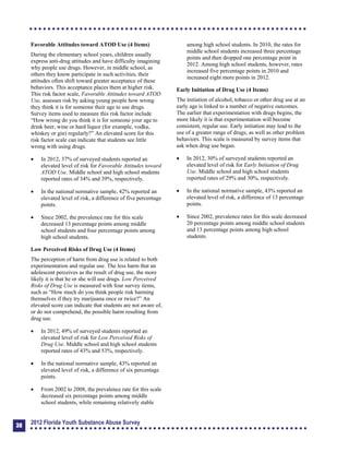 Favorable Attitudes toward ATOD Use (4 Items)
During the elementary school years, children usually
express anti-drug attitudes and have difficulty imagining
why people use drugs. However, in middle school, as
others they know participate in such activities, their
attitudes often shift toward greater acceptance of these
behaviors. This acceptance places them at higher risk.
This risk factor scale, Favorable Attitudes toward ATOD
Use, assesses risk by asking young people how wrong
they think it is for someone their age to use drugs.
Survey items used to measure this risk factor include
“How wrong do you think it is for someone your age to
drink beer, wine or hard liquor (for example, vodka,
whiskey or gin) regularly?” An elevated score for this
risk factor scale can indicate that students see little
wrong with using drugs.
	 In 2012, 37% of surveyed students reported an
elevated level of risk for Favorable Attitudes toward
ATOD Use. Middle school and high school students
reported rates of 34% and 39%, respectively.
	 In the national normative sample, 42% reported an
elevated level of risk, a difference of five percentage
points.
	 Since 2002, the prevalence rate for this scale
decreased 13 percentage points among middle
school students and four percentage points among
high school students.
Low Perceived Risks of Drug Use (4 Items)
The perception of harm from drug use is related to both
experimentation and regular use. The less harm that an
adolescent perceives as the result of drug use, the more
likely it is that he or she will use drugs. Low Perceived
Risks of Drug Use is measured with four survey items,
such as “How much do you think people risk harming
themselves if they try marijuana once or twice?” An
elevated score can indicate that students are not aware of,
or do not comprehend, the possible harm resulting from
drug use.
	 In 2012, 49% of surveyed students reported an
elevated level of risk for Low Perceived Risks of
Drug Use. Middle school and high school students
reported rates of 43% and 53%, respectively.
	 In the national normative sample, 43% reported an
elevated level of risk, a difference of six percentage
points.
	 From 2002 to 2008, the prevalence rate for this scale
decreased six percentage points among middle
school students, while remaining relatively stable
among high school students. In 2010, the rates for
middle school students increased three percentage
points and then dropped one percentage point in
2012. Among high school students, however, rates
increased five percentage points in 2010 and
increased eight more points in 2012.
Early Initiation of Drug Use (4 Items)
The initiation of alcohol, tobacco or other drug use at an
early age is linked to a number of negative outcomes.
The earlier that experimentation with drugs begins, the
more likely it is that experimentation will become
consistent, regular use. Early initiation may lead to the
use of a greater range of drugs, as well as other problem
behaviors. This scale is measured by survey items that
ask when drug use began.
	 In 2012, 30% of surveyed students reported an
elevated level of risk for Early Initiation of Drug
Use. Middle school and high school students
reported rates of 29% and 30%, respectively.
	 In the national normative sample, 43% reported an
elevated level of risk, a difference of 13 percentage
points.
	 Since 2002, prevalence rates for this scale decreased
20 percentage points among middle school students
and 13 percentage points among high school
students.
38
2012 Florida Youth Substance Abuse Survey
 