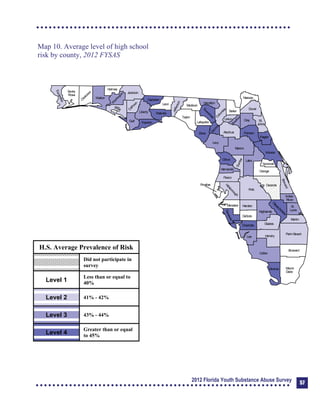 Map 10. Average level of high school
risk by county, 2012 FYSAS
Collier
Broward
Palm Beach
HendryLee
GladesCharlotte
Martin
Pasco
Polk
Hardee
DeSoto
Highlands
Miami-
Dade
Monroe
Sarasota
Manatee
Hillsborough
Pinellas
St.
Lucie
Indian
River
Osceola
Brevard
Orange
Lake
Volusia
Hernando
Citrus
Sumter
Marion
Flagler
St.
Johns
Duval
Nassau
Putnam
Clay
Levy
Alachua
Union
Baker
Colum
bia
Hamilton
Seminole
Bradford
Dixie
Suwannee
Lafayette
Taylor
Madison
Jefferson
Leon
Wakulla
Gadsden
Liberty
FranklinGulf
Calhoun
Jackson
W
ashington
Holmes
Walton
O
kaloosa
Santa
Rosa
Escambia
Bay
G
ilchrist
Okeechobee
H.S. Average Prevalence of Risk
Did not participate in
survey
Level 1
Less than or equal to
40%
Level 2 41% - 42%
Level 3 43% - 44%
Level 4
Greater than or equal
to 45%
2012 Florida Youth Substance Abuse Survey 57
 
