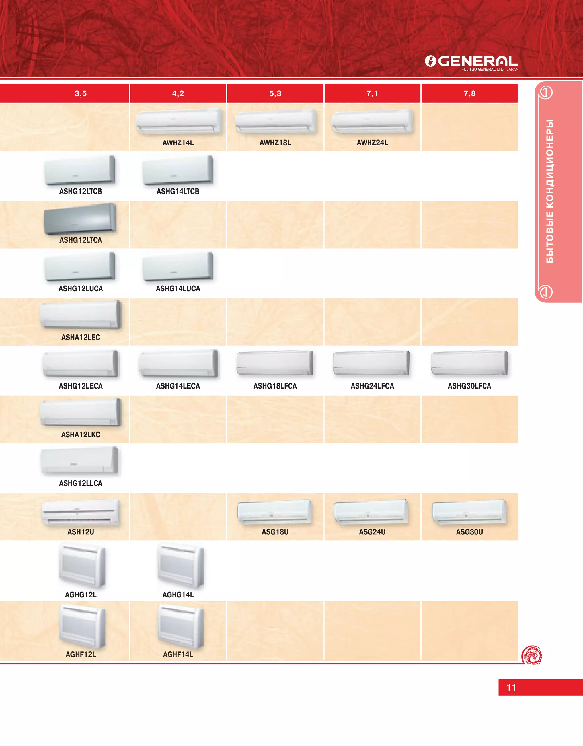 3,5          4,2          5,3          7,1          7,8




                                                                      БЫТОВЫЕ КОНДИЦИОНЕРЫ
              AWHZ14L
              AWHZ14L
              AWHZ14L
               W           AWHZ18L
                           A
                           AWHZ18L
                               18L      AWHZ24L
                                        AWHZ24L
                                        AWHZ24L
                                         WHZ24
                                            24




ASHG12LTCB   ASHG14LTCB




ASHG12LTCA
ASHG12LTC
ASHG12LTCA
   G1 TC
    12 T




ASHG12LUCA   ASHG14LUCA




ASHA12LEC
ASHA12LE
 S
 SH 2LE
      LEC
       EC




ASHG12LECA   ASHG14LECA   ASHG18LFCA   ASHG24LFCA   ASHG30LFCA




ASHA12LKC
ASHA12LKC
ASHA12LKC
   A1 K
    12L
    12




ASHG12LLCA




  ASH12U
  AS
  ASH12U
   S   U                   ASG18U
                           ASG18U
                                U       ASG24U
                                        ASG24U
                                             U       ASG30U
                                                     A
                                                     AS 30U
                                                     ASG30U




 AGHG12L      AGHG14L




 AGHF12L
 AGHF12
 AGHF12L
    F12L
     12L      AGHF14L
              AG F14L
              AGHF14L
                  14



                                                                 11
 