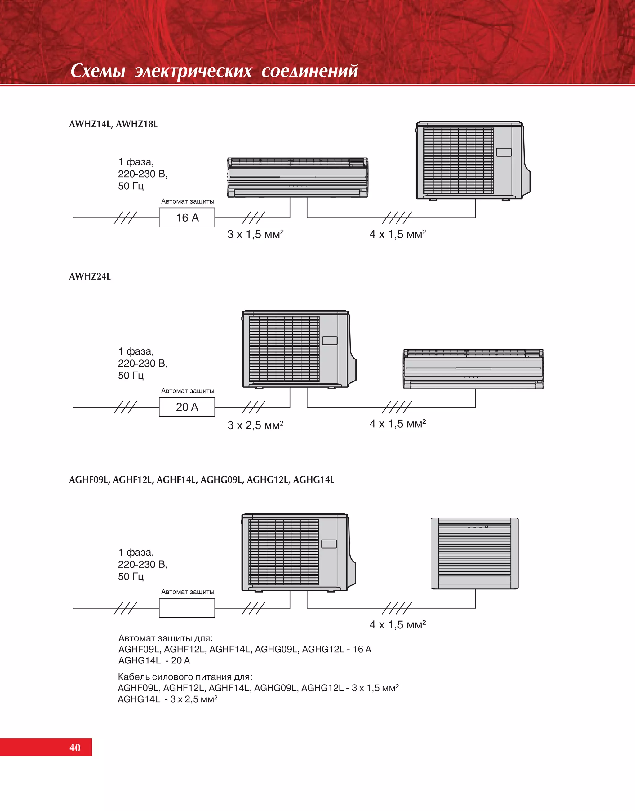 Ñõåìû ýëåêòðè÷åñêèõ ñîåäèíåíèé

AWHZ14L, AWHZ18L




AWHZ24L




AGHF09L, AGHF12L, AGHF14L, AGHG09L, AGHG12L, AGHG14L




          Автомат защиты для:
          AGHF09L, AGHF12L, AGHF14L, AGHG09L, AGHG12L - 16 A
          AGHG14L - 20 A
          Кабель силового питания для:
          AGHF09L, AGHF12L, AGHF14L, AGHG09L, AGHG12L - 3 х 1,5 мм2
          AGHG14L - 3 х 2,5 мм2




40
 40
 