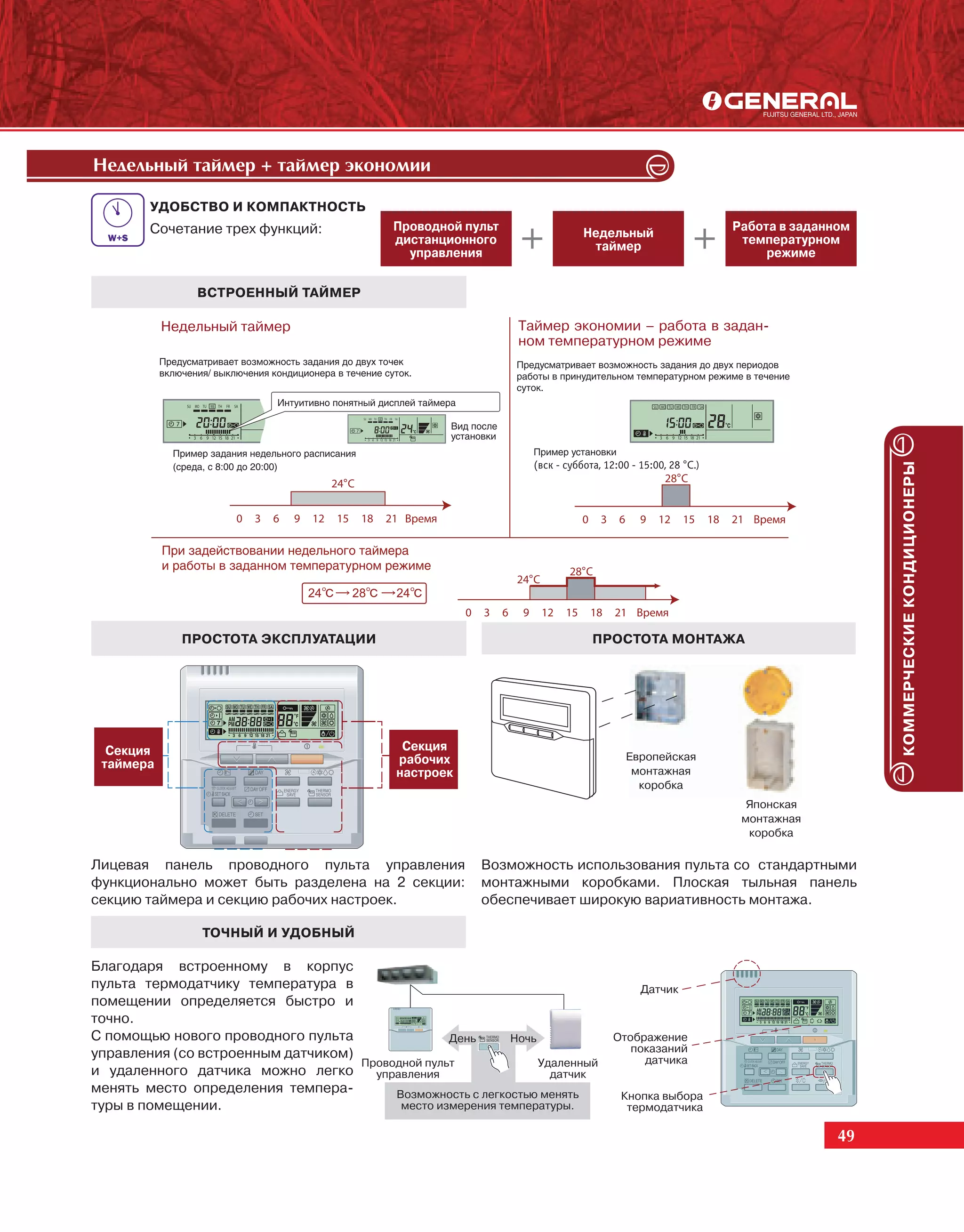 Íåäåëüíûé òàéìåð + òàéìåð ýêîíîìèè

        УДОБСТВО И КОМПАКТНОСТЬ
        Сочетание трех функций:             Проводной пульт                                   Работа в заданном
                                                                       Недельный
                                            дистанционного                                     температурном
                                                                        таймер
                                              управления                                           режиме


               ВСТРОЕННЫЙ ТАЙМЕР

           Недельный таймер                                   Таймер экономии – работа в задан-
                                                              ном температурном режиме




                                                                                                                  КОММЕРЧЕСКИЕ КОНДИЦИОНЕРЫ
             ПРОСТОТА ЭКСПЛУАТАЦИИ                                       ПРОСТОТА МОНТАЖА




  Секция                                     Секция
                                            рабочих                            Европейская
 таймера                                                                        монтажная
                                            настроек
                                                                                 коробка
                                                                                               Японская
                                                                                               монтажная
                                                                                                коробка

Лицевая панель проводного пульта управления             Возможность использования пульта со стандартными
функционально может быть разделена на 2 секции:         монтажными коробками. Плоская тыльная панель
секцию таймера и секцию рабочих настроек.               обеспечивает широкую вариативность монтажа.

                ТОЧНЫЙ И УДОБНЫЙ

Благодаря встроенному в корпус
пульта термодатчику температура в                                                Датчик
помещении определяется быстро и
точно.
С помощью нового проводного пульта                День      Ночь             Отображение
управления (со встроенным датчиком)                                             показаний
                                    Проводной пульт              Удаленный        датчика
и удаленного датчика можно легко      управления                   датчик
менять место определения темпера-        Возможность с легкостью менять       Кнопка выбора
туры в помещении.                         место измерения температуры.         термодатчика

                                                                                                             49
 