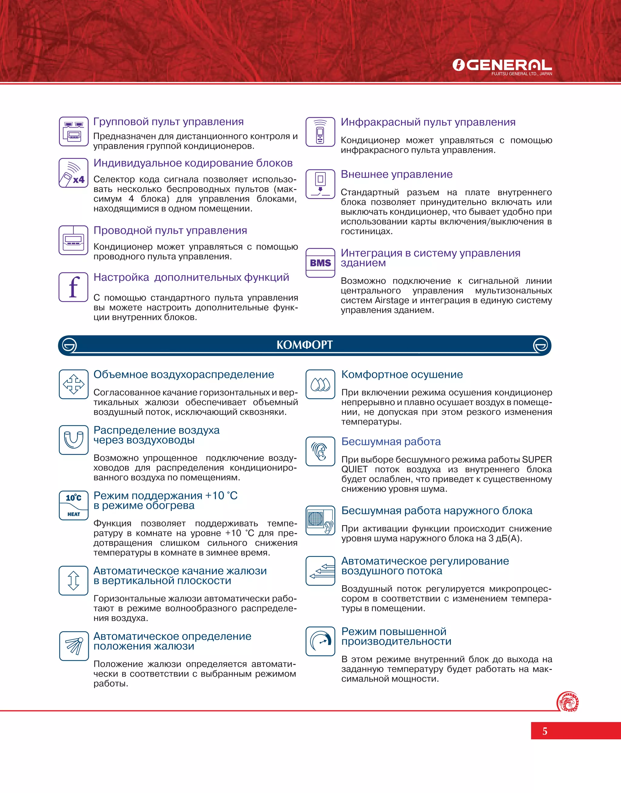 Групповой пульт управления                      Инфракрасный пульт управления
Предназначен для дистанционного контроля и      Кондиционер может управляться с помощью
управления группой кондиционеров.               инфракрасного пульта управления.
Индивидуальное кодирование блоков
Селектор кода сигнала позволяет использо-       Внешнее управление
вать несколько беспроводных пультов (мак-       Стандартный разъем на плате внутреннего
симум 4 блока) для управления блоками,          блока позволяет принудительно включать или
находящимися в одном помещении.                 выключать кондиционер, что бывает удобно при
                                                использовании карты включения/выключения в
Проводной пульт управления                      гостиницах.
Кондиционер может управляться с помощью
проводного пульта управления.                   Интеграция в систему управления
                                                зданием
Настройка дополнительных функций                Возможно подключение к сигнальной линии
                                                центрального управления мультизональных
С помощью стандартного пульта управления        систем Airstage и интеграция в единую систему
вы можете настроить дополнительные функ-        управления зданием.
ции внутренних блоков.


                                      ÊÎÌÔÎÐÒ

Объемное воздухораспределение                   Комфортное осушение
Согласованное качание горизонтальных и вер-     При включении режима осушения кондиционер
тикальных жалюзи обеспечивает объемный          непрерывно и плавно осушает воздух в помеще-
воздушный поток, исключающий сквозняки.         нии, не допуская при этом резкого изменения
                                                температуры.
Распределение воздуха
через воздуховоды                               Бесшумная работа
Возможно упрощенное подключение возду-          При выборе бесшумного режима работы SUPER
ховодов для распределения кондициониро-         QUIET поток воздуха из внутреннего блока
ванного воздуха по помещениям.                  будет ослаблен, что приведет к существенному
                                                снижению уровня шума.
Режим поддержания +10 °С
в режиме обогрева                               Бесшумная работа наружного блока
Функция позволяет поддерживать темпе-
ратуру в комнате на уровне +10 °C для пре-      При активации функции происходит снижение
дотвращения слишком сильного снижения           уровня шума наружного блока на 3 дБ(А).
температуры в комнате в зимнее время.
                                                Автоматическое регулирование
Автоматическое качание жалюзи                   воздушного потока
в вертикальной плоскости
                                                Воздушный поток регулируется микропроцес-
Горизонтальные жалюзи автоматически рабо-       сором в соответствии с изменением темпера-
тают в режиме волнообразного распределе-        туры в помещении.
ния воздуха.

Автоматическое определение                      Режим повышенной
положения жалюзи                                производительности
                                                В этом режиме внутренний блок до выхода на
Положение жалюзи определяется автомати-
                                                заданную температуру будет работать на мак-
чески в соответствии с выбранным режимом
                                                симальной мощности.
работы.




                                                                                          5
 