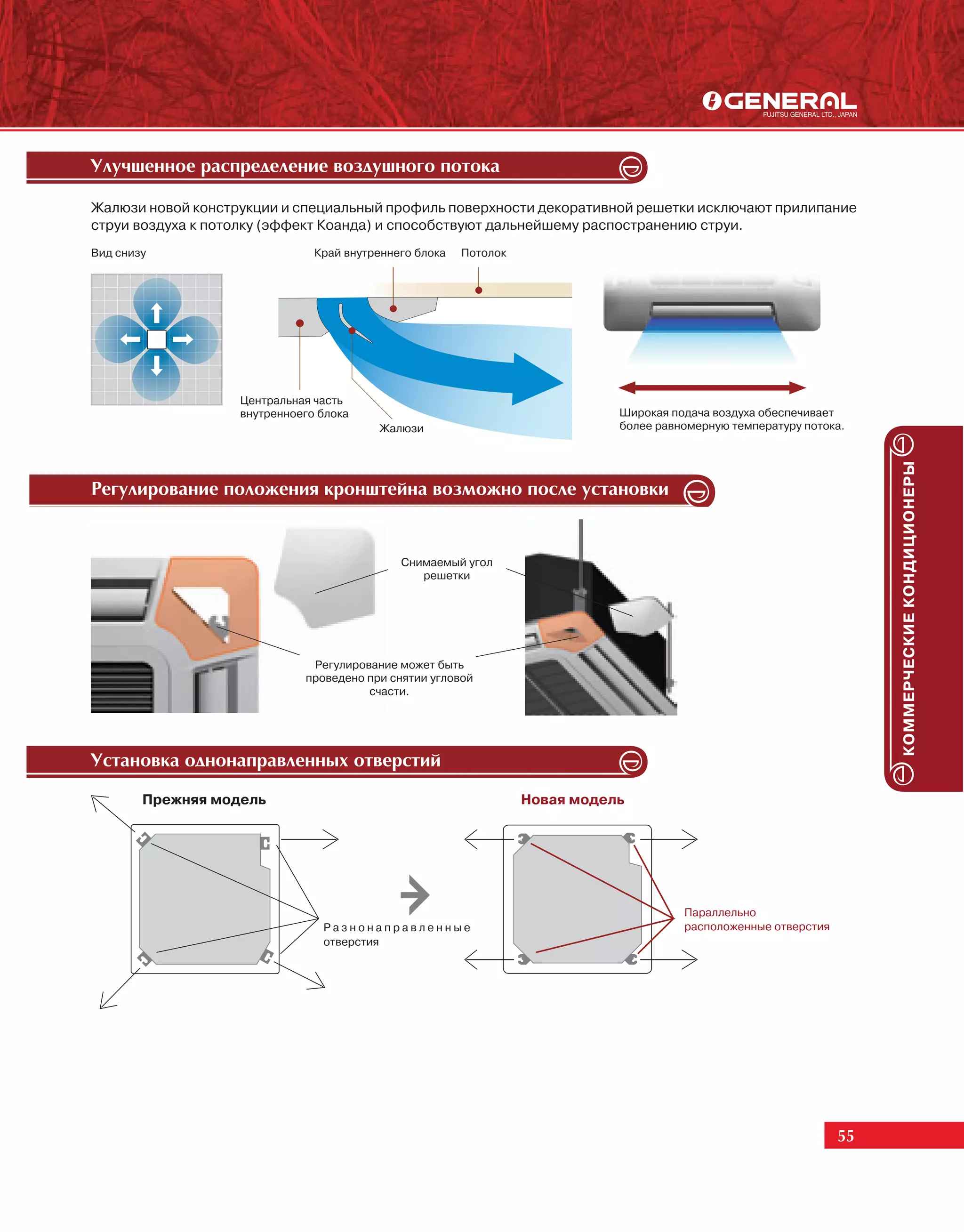 Óëó÷øåííîå ðàñïðåäåëåíèå âîçäóøíîãî ïîòîêà

Жалюзи новой конструкции и специальный профиль поверхности декоративной решетки исключают прилипание
струи воздуха к потолку (эффект Коанда) и способствуют дальнейшему распостранению струи.
Вид снизу                      Край внутреннего блока   Потолок




                   Центральная часть
                   внутренноего блока                                        Широкая подача воздуха обеспечивает
                                         Жалюзи                              более равномерную температуру потока.




                                                                                                                      КОММЕРЧЕСКИЕ КОНДИЦИОНЕРЫ
Ðåãóëèðîâàíèå ïîëîæåíèÿ êðîíøòåéíà âîçìîæíî ïîñëå óñòàíîâêè


                                             Снимаемый угол
                                                решетки




                              Регулирование может быть
                             проведено при снятии угловой
                                       счасти.




Óñòàíîâêà îäíîíàïðàâëåííûõ îòâåðñòèé

        Прежняя модель                                            Новая модель




                                                                                       Параллельно
                                Разнонаправленные                                      расположенные отверстия
                                отверстия




                                                                                                                 55
 