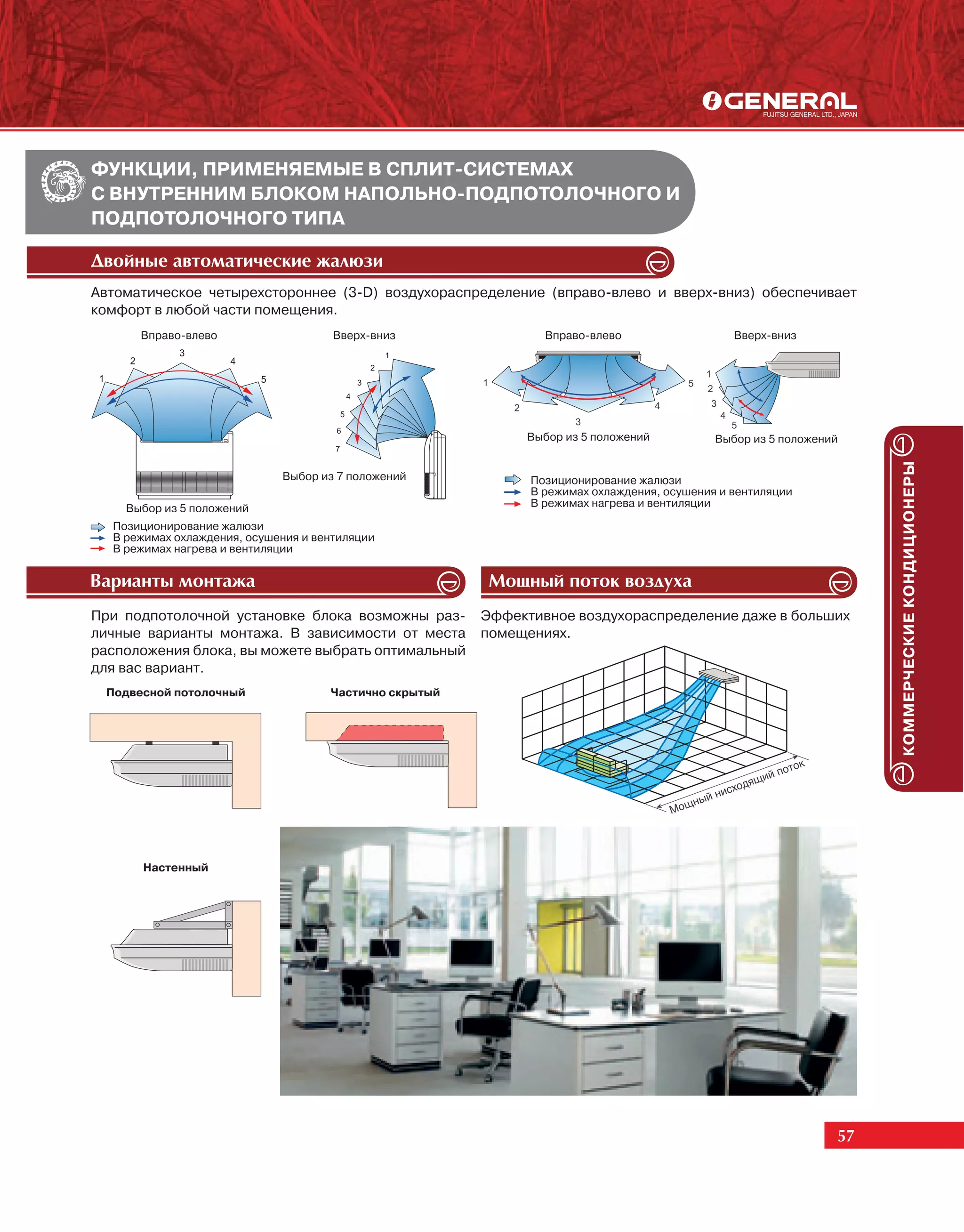 ФУНКЦИИ, ПРИМЕНЯЕМЫЕ В СПЛИТ-СИСТЕМАХ
С ВНУТРЕННИМ БЛОКОМ НАПОЛЬНО-ПОДПОТОЛОЧНОГО И
ПОДПОТОЛОЧНОГО ТИПА

Äâîéíûå àâòîìàòè÷åñêèå æàëþçè
Автоматическое четырехстороннее (3-D) воздухораспределение (вправо-влево и вверх-вниз) обеспечивает
комфорт в любой части помещения.
      Вправо-влево                    Вверх-вниз                Вправо-влево                   Вверх-вниз




                                                             Выбор из 5 положений           Выбор из 5 положений




                                                                                                                    КОММЕРЧЕСКИЕ КОНДИЦИОНЕРЫ
                             Выбор из 7 положений             Позиционирование жалюзи
                                                              В режимах охлаждения, осушения и вентиляции
    Выбор из 5 положений                                      В режимах нагрева и вентиляции

  Позиционирование жалюзи
  В режимах охлаждения, осушения и вентиляции
  В режимах нагрева и вентиляции


Âàðèàíòû ìîíòàæà                                         Ìîùíûé ïîòîê âîçäóõà
При подпотолочной установке блока возможны раз-         Эффективное воздухораспределение даже в больших
личные варианты монтажа. В зависимости от места         помещениях.
расположения блока, вы можете выбрать оптимальный
для вас вариант.
 Подвесной потолочный                Частично скрытый




      Настенный




                                                                                                               57
 