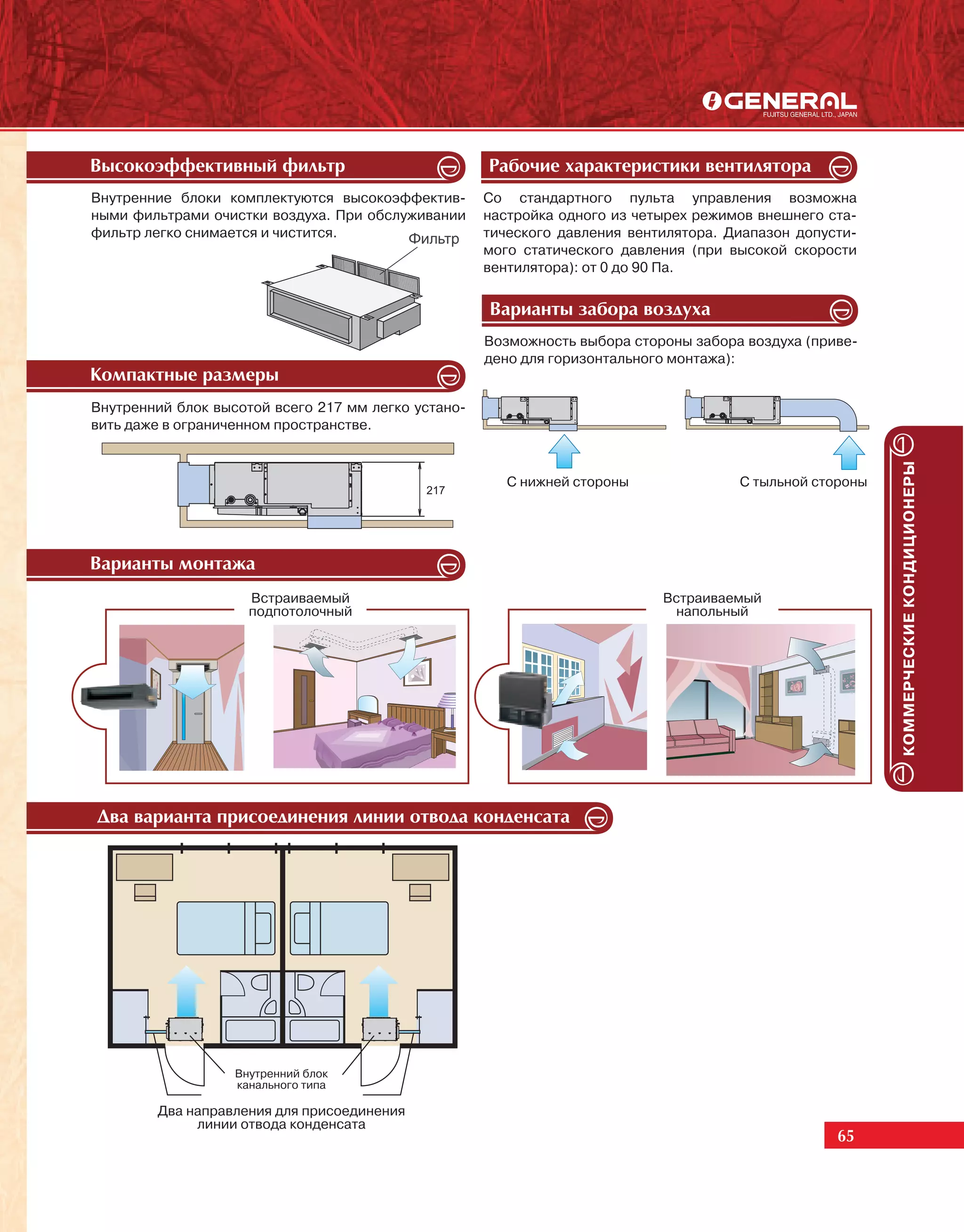 Âûñîêîýôôåêòèâíûé ôèëüòð                             Ðàáî÷èå õàðàêòåðèñòèêè âåíòèëÿòîðà
Внутренние блоки комплектуются высокоэффектив-       Со стандартного пульта управления возможна
ными фильтрами очистки воздуха. При обслуживании     настройка одного из четырех режимов внешнего ста-
фильтр легко снимается и чистится.                   тического давления вентилятора. Диапазон допусти-
                                                     мого статического давления (при высокой скорости
                                                     вентилятора): от 0 до 90 Па.


                                                     Âàðèàíòû çàáîðà âîçäóõà
                                                     Возможность выбора стороны забора воздуха (приве-
                                                     дено для горизонтального монтажа):
Êîìïàêòíûå ðàçìåðû
Внутренний блок высотой всего 217 мм легко устано-
вить даже в ограниченном пространстве.




                                                                                                          КОММЕРЧЕСКИЕ КОНДИЦИОНЕРЫ
                                                        С нижней стороны              С тыльной стороны




Âàðèàíòû ìîíòàæà
                     Встраиваемый                                           Встраиваемый
                     подпотолочный                                           напольный




Äâà âàðèàíòà ïðèñîåäèíåíèÿ ëèíèè îòâîäà êîíäåíñàòà




                   Внутренний блок
                   канального типа

        Два направления для присоединения
             линии отвода конденсата
                                                                                                   65
 
