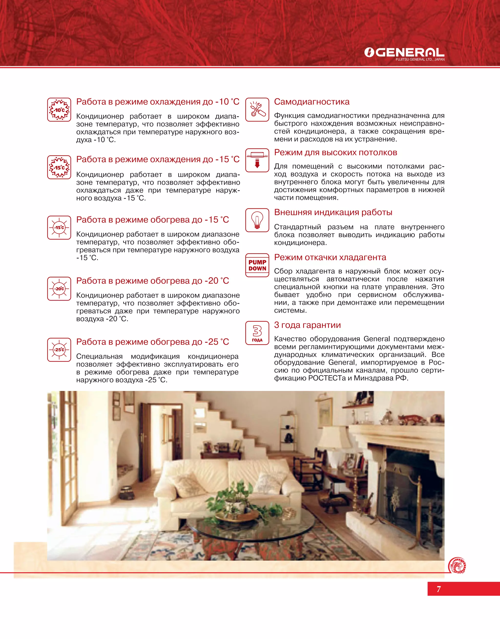 Работа в режиме охлаждения до -10 °С          Самодиагностика
Кондиционер работает в широком диапа-         Функция самодиагностики предназначенна для
зоне температур, что позволяет эффективно     быстрого нахождения возможных неисправно-
охлаждаться при температуре наружного воз-    стей кондиционера, а также сокращения вре-
духа -10 °С.                                  мени и расходов на их устранение.
                                              Режим для высоких потолков
Работа в режиме охлаждения до -15 °С
                                              Для помещений с высокими потолками рас-
Кондиционер работает в широком диапа-         ход воздуха и скорость потока на выходе из
зоне температур, что позволяет эффективно     внутреннего блока могут быть увеличенны для
охлаждаться даже при температуре наруж-       достижения комфортных параметров в нижней
ного воздуха -15 °С.                          части помещения.

                                              Внешняя индикация работы
Работа в режиме обогрева до -15 °С
                                              Стандартный разъем на плате внутреннего
Кондиционер работает в широком диапазоне      блока позволяет выводить индикацию работы
температур, что позволяет эффективно обо-     кондиционера.
греваться при температуре наружного воздуха
-15 °С.                                       Режим откачки хладагента
                                              Сбор хладагента в наружный блок может осу-
Работа в режиме обогрева до -20 °С            ществляться автоматически после нажатия
                                              специальной кнопки на плате управления. Это
Кондиционер работает в широком диапазоне      бывает удобно при сервисном обслужива-
температур, что позволяет эффективно обо-     нии, а также при демонтаже или перемещении
греваться даже при температуре наружного      системы.
воздуха -20 °С.
                                              3 года гарантии
Работа в режиме обогрева до -25 °С            Качество оборудования General подтверждено
                                              всеми регламинтирующими документами меж-
Специальная модификация кондиционера          дународных климатических организаций. Все
позволяет эффективно эксплуатировать его      оборудование General, импортируемое в Рос-
в режиме обогрева даже при температуре        сию по официальным каналам, прошло серти-
наружного воздуха -25 °С.                     фикацию РОСТЕСТа и Минздрава РФ.




                                                                                       7
 