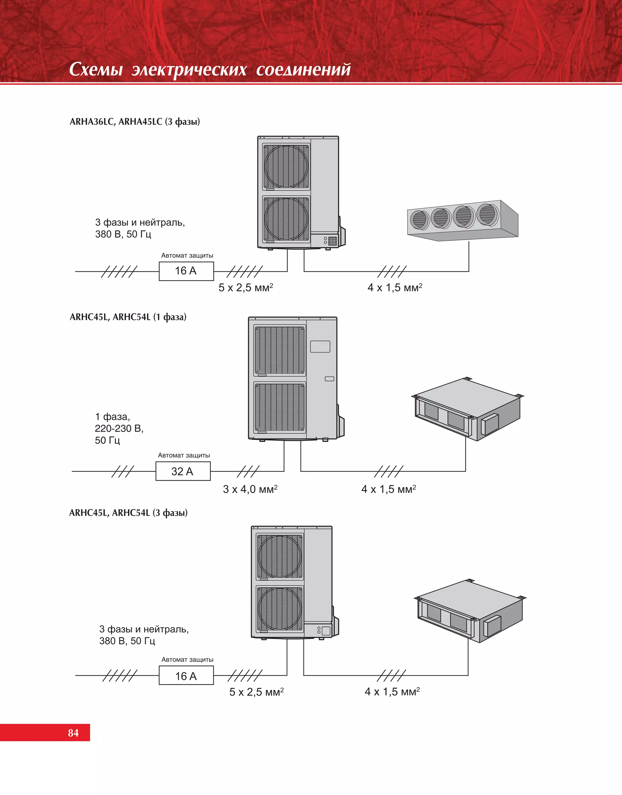 Ñõåìû ýëåêòðè÷åñêèõ ñîåäèíåíèé

ARHA36LC, ARHA45LÑ (3 ôàçû)




ARHC45L, ARHC54L (1 ôàçà)




ARHÑ45L, ARHÑ54L (3 ôàçû)




84
 84
 