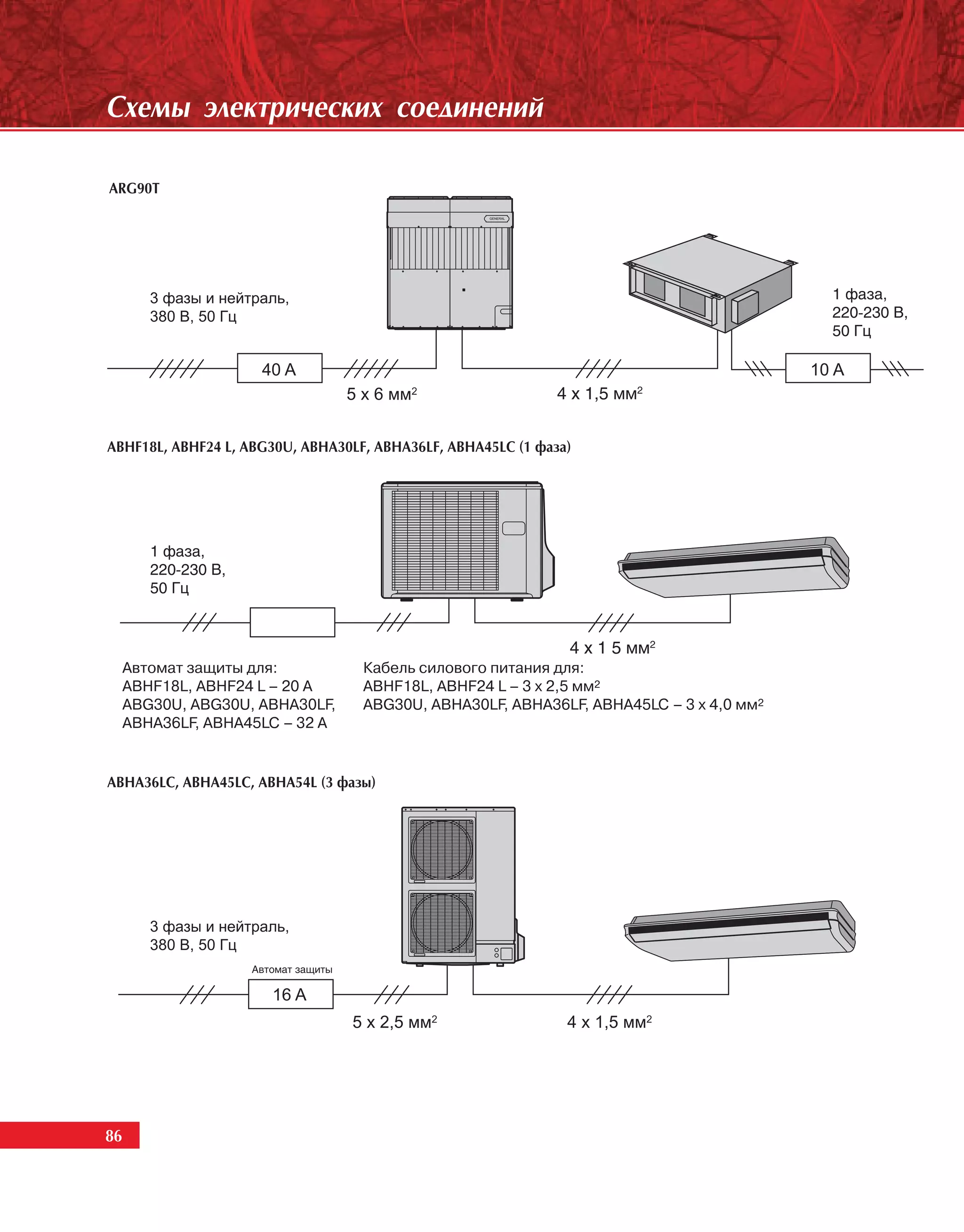 Ñõåìû ýëåêòðè÷åñêèõ ñîåäèíåíèé

ARG90T




ABHF18L, ABHF24 L, ABG30U, ABHA30LF, ABHA36LF, ABHA45LÑ (1 ôàçà)




                                                                   C
                      C


ABHA36LC, ABHA45LC, ABHA54L (3 ôàçû)




86
 86
 