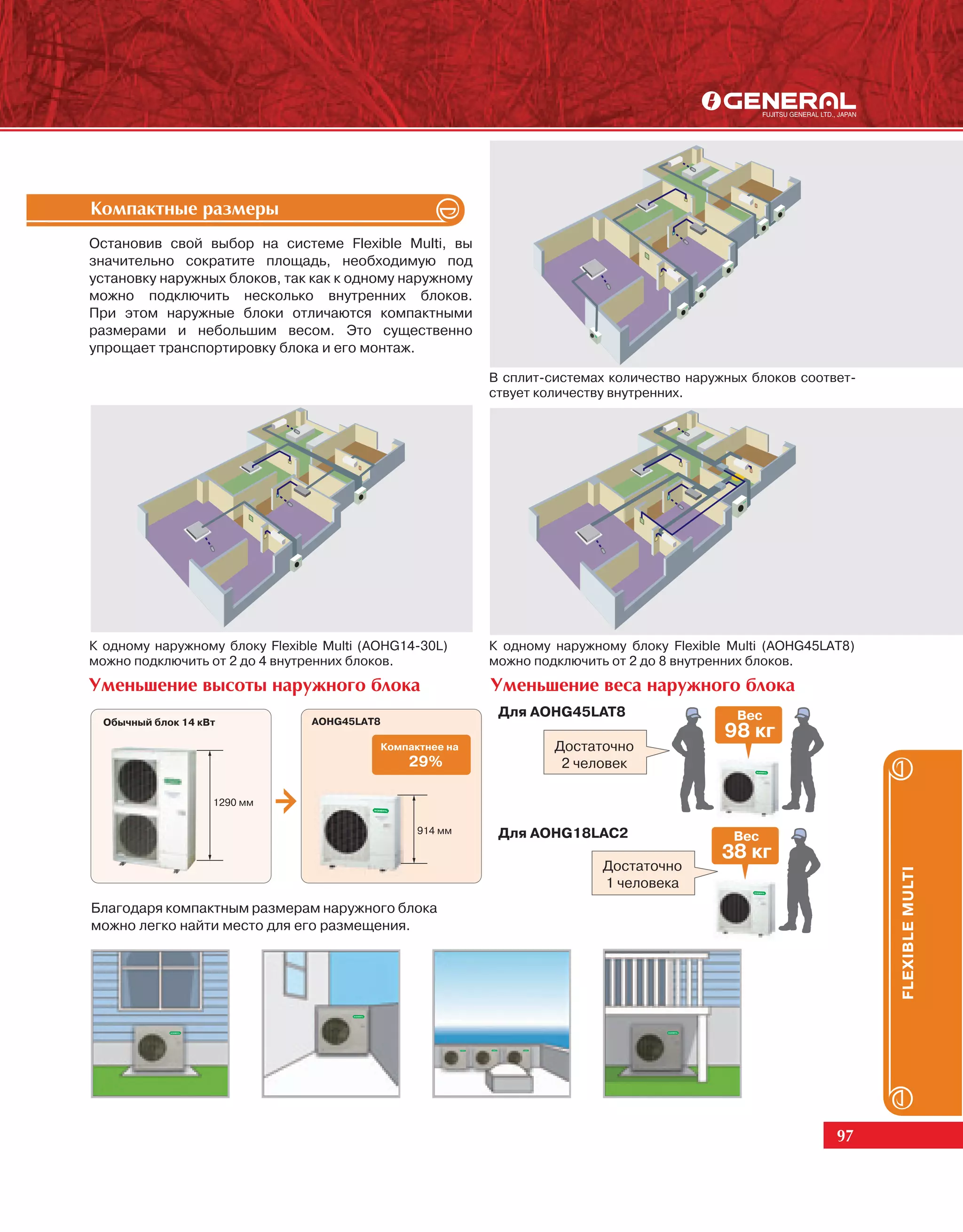 Êîìïàêòíûå ðàçìåðû
Остановив свой выбор на системе Flexible Multi, вы
значительно сократите площадь, необходимую под
установку наружных блоков, так как к одному наружному
можно подключить несколько внутренних блоков.
При этом наружные блоки отличаются компактными
размерами и небольшим весом. Это существенно
упрощает транспортировку блока и его монтаж.

                                                        В сплит-системах количество наружных блоков соответ-
                                                        ствует количеству внутренних.




К одному наружному блоку Flexible Multi (AOHG14-30L)    К одному наружному блоку Flexible Multi (AOHG45LAT8)
можно подключить от 2 до 4 внутренних блоков.           можно подключить от 2 до 8 внутренних блоков.
Óìåíüøåíèå âûñîòû íàðóæíîãî áëîêà                       Óìåíüøåíèå âåñà íàðóæíîãî áëîêà
                                                         Для AOHG45LAT8
                                AOHG45LAT8

                                                                 Достаточно
                                                                  2 человек



                                                         Для AOHG18LAC2

                                                                        Достаточно


                                                                                                               FLEXIBLE MULTI
                                                                        1 человека
Благодаря компактным размерам наружного блока
можно легко найти место для его размещения.




                                                                                                         97
 