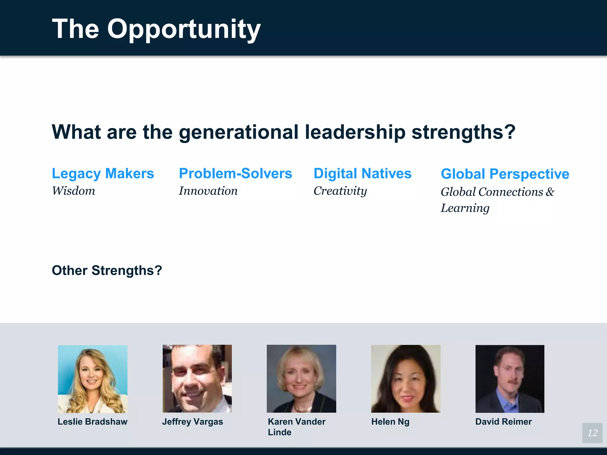 The Opportunity


What are the generational leadership strengths?
Legacy Makers        Problem-Solvers        Digital Natives         Global Perspective
Wisdom               Innovation             Creativity              Global Connections &
                                                                    Learning




Other Strengths?




Leslie Bradshaw   Jeffrey Vargas   Karen Vander          Helen Ng         David Reimer
                                   Linde                                                   12
 