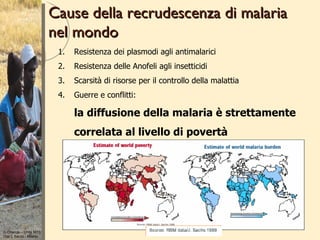 Cause della recrudescenza di malaria
                        nel mondo
                         1.   Resistenza dei plasmodi agli antimalarici
                         2.   Resistenza delle Anofeli agli insetticidi
                         3.   Scarsità di risorse per il controllo della malattia
                         4.   Guerre e conflitti:

                              la diffusione della malaria è strettamente
                              correlata al livello di povertà




G Orlando – Unità MTS
Osp L Sacco - Milano
 