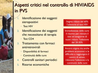 Aspetti critici nel controllo di HIV/AIDS
                        in PVS
                         1.    Identificazione dei soggetti
                               sieropositivi
                              ◦ Test HIV
                         2.    Identificazione dei soggetti
                               che necessitano di terapia
                              ◦ Test CD4
                         3.    Trattamento con farmaci
                               antiretrovirali
                              ◦ Disponibilità di farmaci
                              ◦ Continuità delle cure
                         4.    Controlli sanitari periodici
                         5.    Risorse economiche
G Orlando – Unità MTS
Osp L Sacco - Milano
 