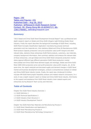 Pages: 196
Tables and Figures: 191
Published Date : Aug 28, 2012
Publisher: QYResearch OLED Research Center
Contact: Mr. Zhang Dong 86-10-82945717; 86-
13811796901, sales@qyresearch.com

Summary

“2012 Global and China OLED Panel Development Forecast Report” was a professional and
depth research report on Global and China OLED (Organic Light Emitting Diode) Panel
Industry. Firstly the report describes the background knowledge of OLED Panel, including
OLED Panel Concepts Classification Application manufacturing process technical
parameters and raw materials etc; then statistics Global and China 26 Manufacturers OLED
Panel product Capacity production cost price production value profit margins and other
relevant data, statistics these enterprises OLED Panel products, customers, raw materials,
company background information, then summary statistics and analysis the relevant data
of these enterprises. and get Global and China OLED Panel companies production market
share,regional different type different generation OLED Panel production market
share,Global and China OLED Panel demand supply and shortage, Global and China OLED
Panel 2009-2016 production price cost profit production value profit margins, etc. At the
same time, the report analyzed and discussed supply and demand changes in OLED Panel
market and business development strategies, conduct a comprehensive analysis on Global
and China OLED Panel industry trends. Finally, the report also introduced 0.2million
m2/year AM-OLED Panel project Feasibility analysis and related research conclusions. In a
word, It was a depth research report on Global and China OLED Panel industry. And thanks
to the support and assistance from OLED Panel industry chain related experts and
enterprises during Research Team survey and interview.


Table of Contents

Chapter One OLED Panel Industry Overview 1
1.1 OLED Definition 1
1.2 OLED Technical Specifications 2
1.3 OLED Industry Chain Structure 3
1.4 OLED Industry Development Trend 4


Chapter Two OLED Panel Raw Materials and Manufacturing Process 5
2.1 OLED Panel Classification and Application 5
2.2 OLED Panel Manufacturing Process 6
2.3 OLED Panel Manufacturing Technology Comparison 7
 