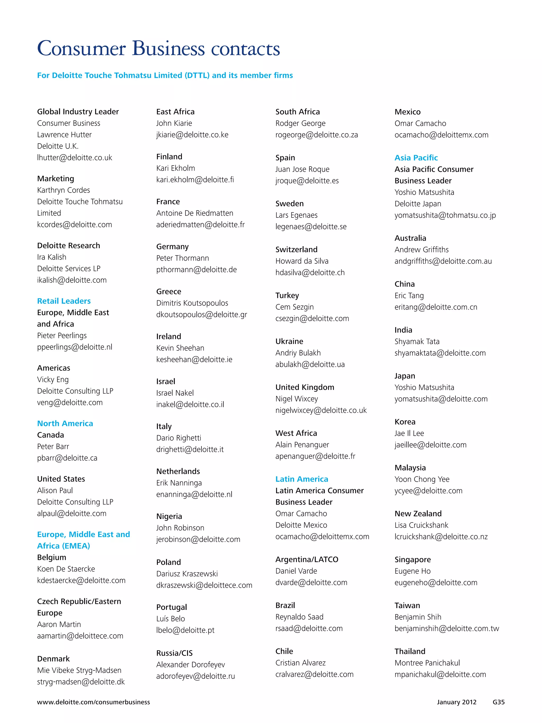Consumer Business contacts
For Deloitte Touche Tohmatsu Limited (DTTL) and its member firms



Global Industry Leader               East Africa                  South Africa                 Mexico
Consumer Business                    John Kiarie                  Rodger George                Omar Camacho
Lawrence Hutter                      jkiarie@deloitte.co.ke       rogeorge@deloitte.co.za      ocamacho@deloittemx.com
Deloitte U.K.
lhutter@deloitte.co.uk               Finland                      Spain                        Asia Pacific
                                     Kari Ekholm                  Juan Jose Roque              Asia Pacific Consumer
Marketing                            kari.ekholm@deloitte.fi      jroque@deloitte.es           Business Leader
Karthryn Cordes                                                   	          	                 Yoshio Matsushita
Deloitte Touche Tohmatsu             France                       Sweden                       Deloitte Japan
Limited                              Antoine De Riedmatten        Lars Egenaes                 yomatsushita@tohmatsu.co.jp
kcordes@deloitte.com                 aderiedmatten@deloitte.fr    legenaes@deloitte.se
                                                                  	          	                 Australia
Deloitte Research                    Germany                      Switzerland                  Andrew Griffiths
Ira Kalish                           Peter Thormann               Howard da Silva              andgriffiths@deloitte.com.au
Deloitte Services LP                 pthormann@deloitte.de        hdasilva@deloitte.ch
ikalish@deloitte.com                                                                           China
                                     Greece                       Turkey                       Eric Tang
Retail Leaders                       Dimitris Koutsopoulos        Cem Sezgin                   eritang@deloitte.com.cn
Europe, Middle East                  dkoutsopoulos@deloitte.gr    csezgin@deloitte.com
and Africa
                                                                  	          	                 India
Pieter Peerlings                     Ireland
                                                                  Ukraine                      Shyamak Tata
ppeerlings@deloitte.nl               Kevin Sheehan
                                                                  Andriy Bulakh                shyamaktata@deloitte.com
                                     kesheehan@deloitte.ie
Americas                                                          abulakh@deloitte.ua
Vicky Eng                                                         	          	                 Japan
                                     Israel
Deloitte Consulting LLP                                           United Kingdom               Yoshio Matsushita
                                     Israel Nakel
veng@deloitte.com                                                 Nigel Wixcey                 yomatsushita@deloitte.com
                                     inakel@deloitte.co.il	
                                                                  nigelwixcey@deloitte.co.uk
North America                                                                                  Korea
                                     Italy
Canada                                                            West Africa                  Jae Il Lee
                                     Dario Righetti
Peter Barr                                                        Alain Penanguer              jaeillee@deloitte.com
                                     drighetti@deloitte.it	
pbarr@deloitte.ca                                                 apenanguer@deloitte.fr       	          	
                                     Netherlands                                               Malaysia
United States                        Erik Nanninga                Latin America                Yoon Chong Yee
Alison Paul                          enanninga@deloitte.nl        Latin America Consumer       ycyee@deloitte.com
Deloitte Consulting LLP                                           Business Leader
alpaul@deloitte.com                  Nigeria                      Omar Camacho                 New Zealand
                                     John Robinson                Deloitte Mexico              Lisa Cruickshank
Europe, Middle East and                                           ocamacho@deloittemx.com      lcruickshank@deloitte.co.nz
                                     jerobinson@deloitte.com
Africa (EMEA)
Belgium                                                           Argentina/LATCO              Singapore
                                     Poland
Koen De Staercke                                                  Daniel Varde                 Eugene Ho
                                     Dariusz Kraszewski
kdestaercke@deloitte.com                                          dvarde@deloitte.com          eugeneho@deloitte.com
                                     dkraszewski@deloittece.com
Czech Republic/Eastern                                            Brazil
                                     Portugal                                                  Taiwan
Europe                                                            Reynaldo Saad
                                     Luís Belo                                                 Benjamin Shih
Aaron Martin                                                      rsaad@deloitte.com
                                     lbelo@deloitte.pt                                         benjaminshih@deloitte.com.tw
aamartin@deloittece.com

                                     Russia/CIS                   Chile                        Thailand
Denmark                                                           Cristian Alvarez
                                     Alexander Dorofeyev                                       Montree Panichakul
Mie Vibeke Stryg-Madsen                                           cralvarez@deloitte.com
                                     adorofeyev@deloitte.ru                                    mpanichakul@deloitte.com
stryg-madsen@deloitte.dk

www.deloitte.com/consumerbusiness	                                                                         January 2012       G35
 
