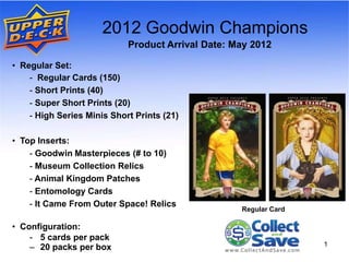 2012 Goodwin Champions
                            Product Arrival Date: May 2012

• Regular Set:
    - Regular Cards (150)
    - Short Prints (40)
    - Super Short Prints (20)
    - High Series Minis Short Prints (21)

• Top Inserts:
    - Goodwin Masterpieces (# to 10)
    - Museum Collection Relics
    - Animal Kingdom Patches
    - Entomology Cards
    - It Came From Outer Space! Relics
                                                   Regular Card

• Configuration:
    - 5 cards per pack
                                                                  1
    – 20 packs per box
 