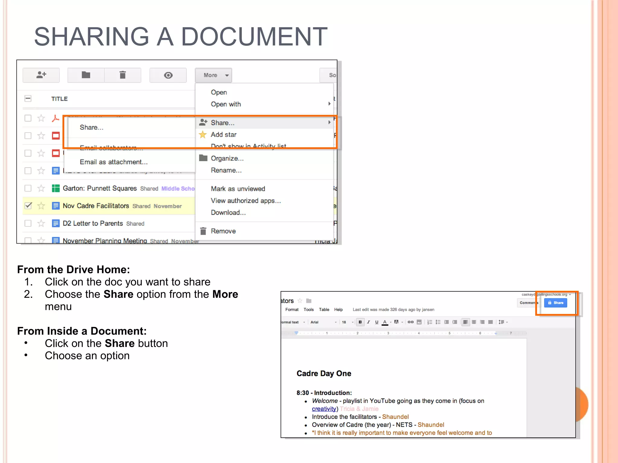 SHARING A DOCUMENT
From the Drive Home:
1. Click on the doc you want to share
2. Choose the Share option from the More
menu
From Inside a Document:
• Click on the Share button
• Choose an option
 