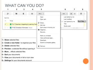 WHAT CAN YOU DO?
1 2 3 4 5 6 7 8
1 – Share selected files
2 – Create a new folder to organize your files
3 – Delete selected files
4 – Preview a selected file without opening it
5 – More… effects selected files
6 – Sort your documents
7 – View your documents in list or icon view
8 – Settings for your documents account
Sort filesSort files
 